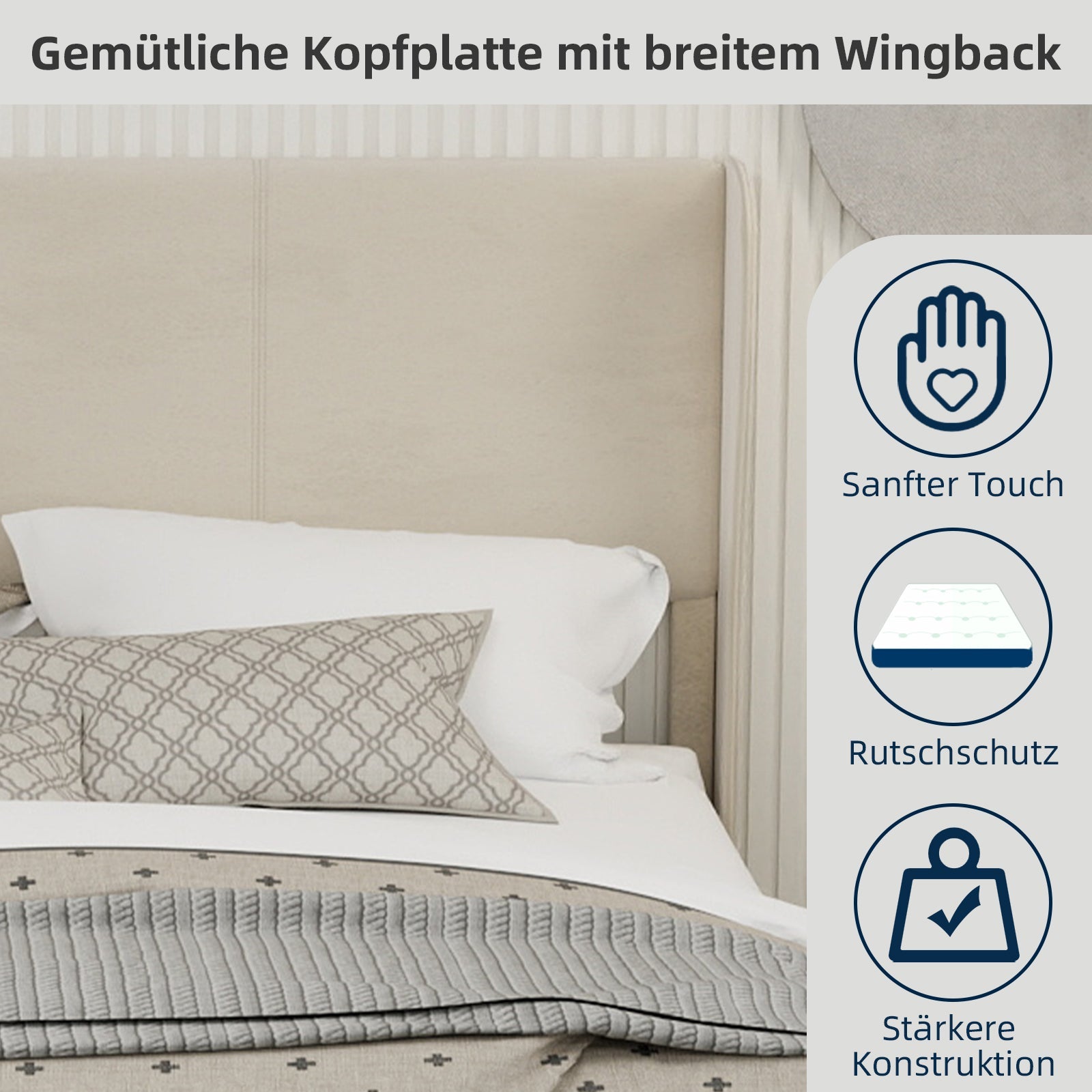 Modern Minimalist Upholstered Bed with Plush Headboard, 160x200 cm, Beige, Multifunctional Bedroom Furniture, Low-Profile Non-Storage Base (Without Gas Lift), Mattress Excluded.