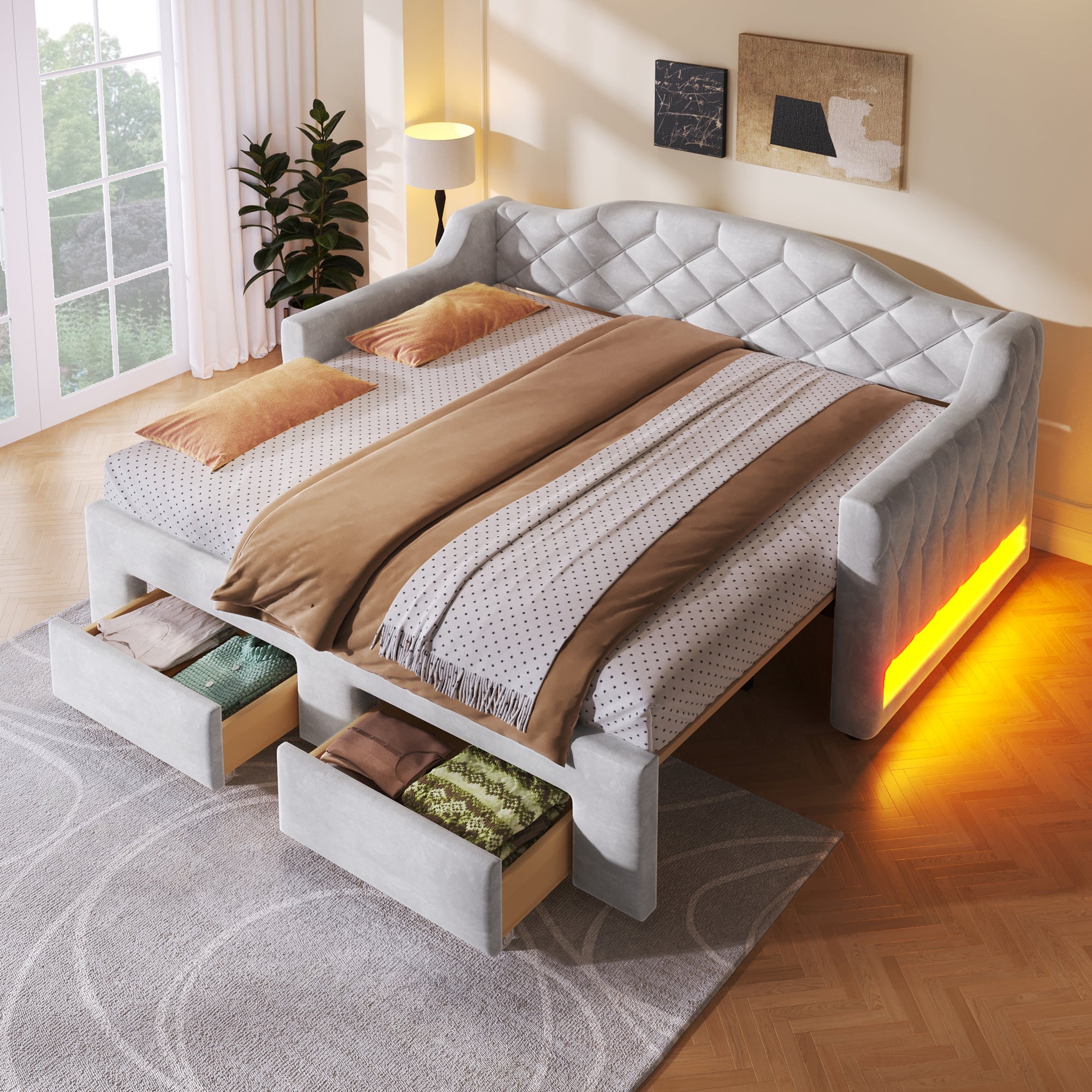 Upholstered Daybed with Two Drawers and LED Lighting, 90x200 to 180x200cm, Grey