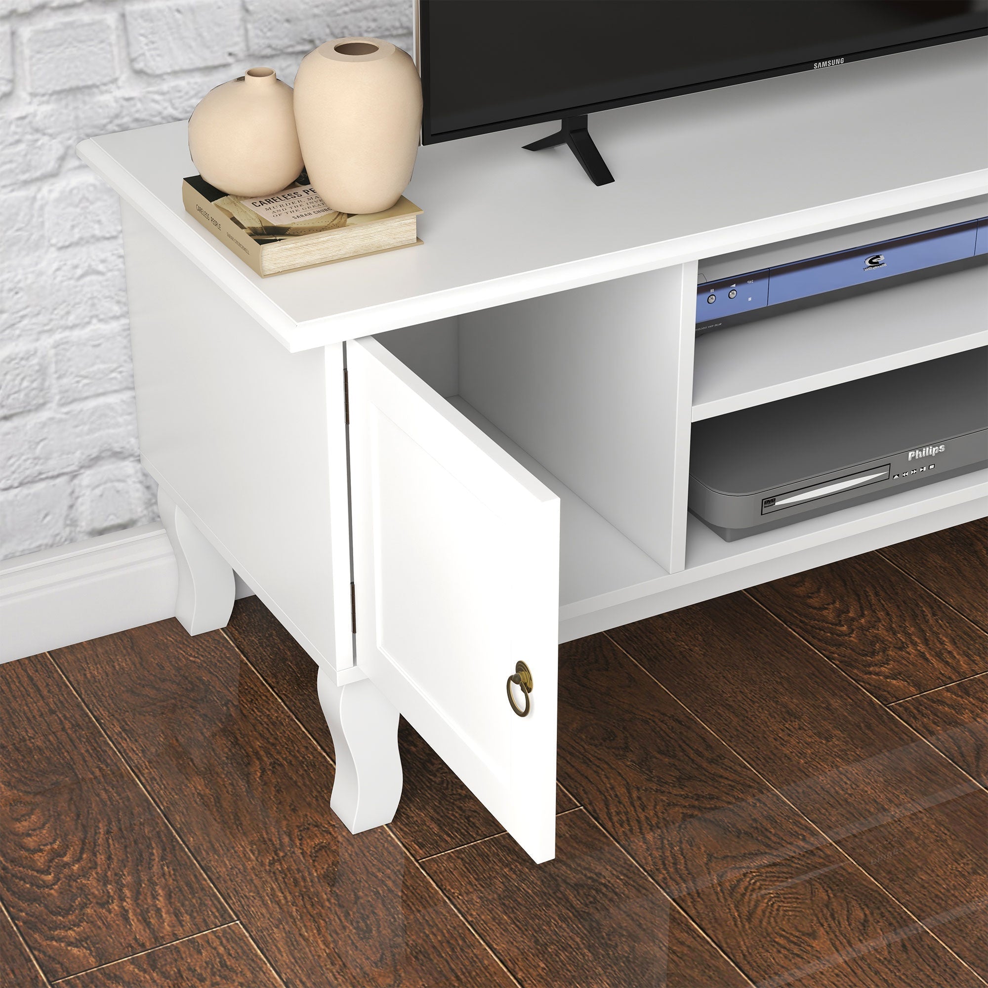 TV Unit 55" Cabinet, 2 Doors Open Storage Cable Management, White