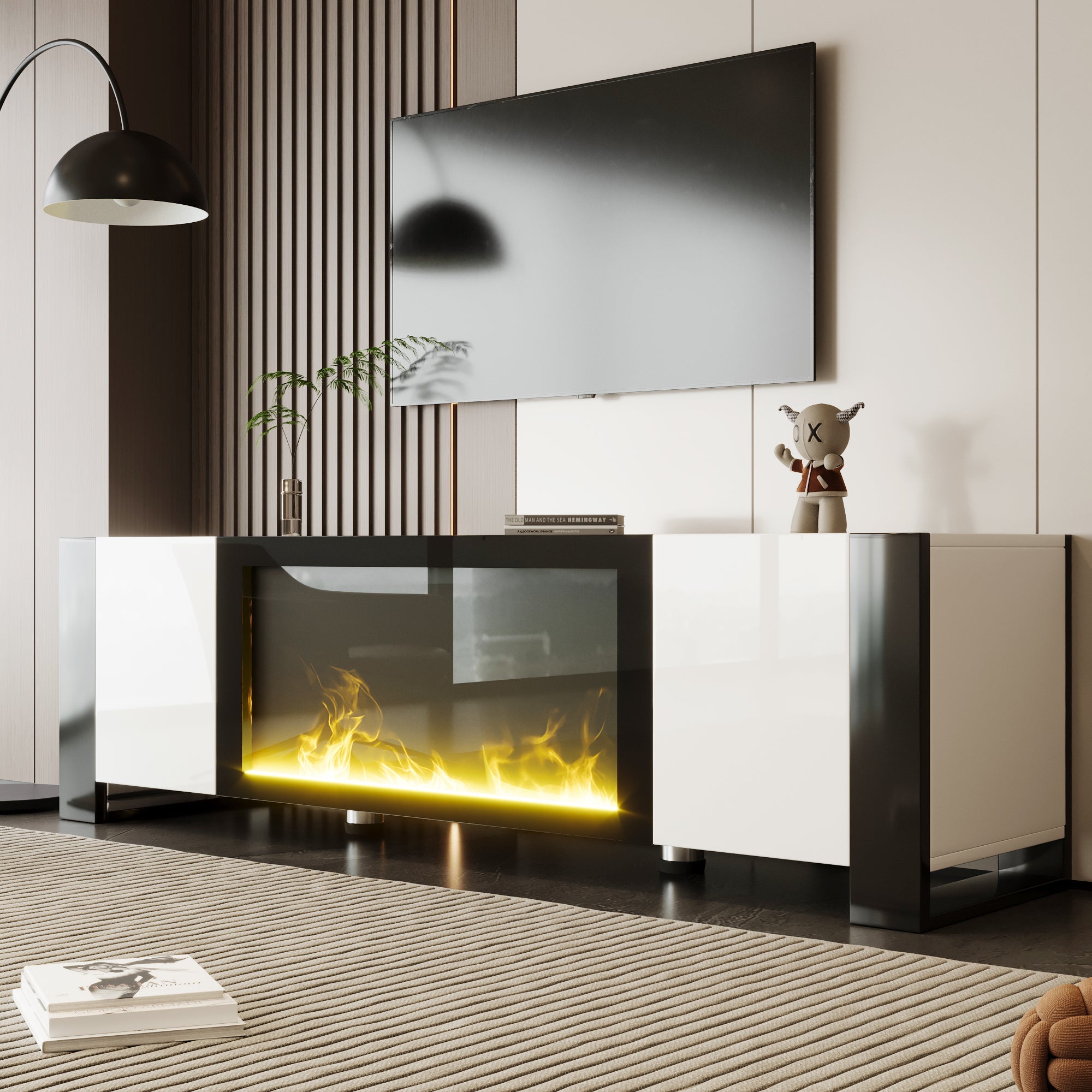 TV Cabinet, Lowboard Electric Fireplace High Gloss, White and Black