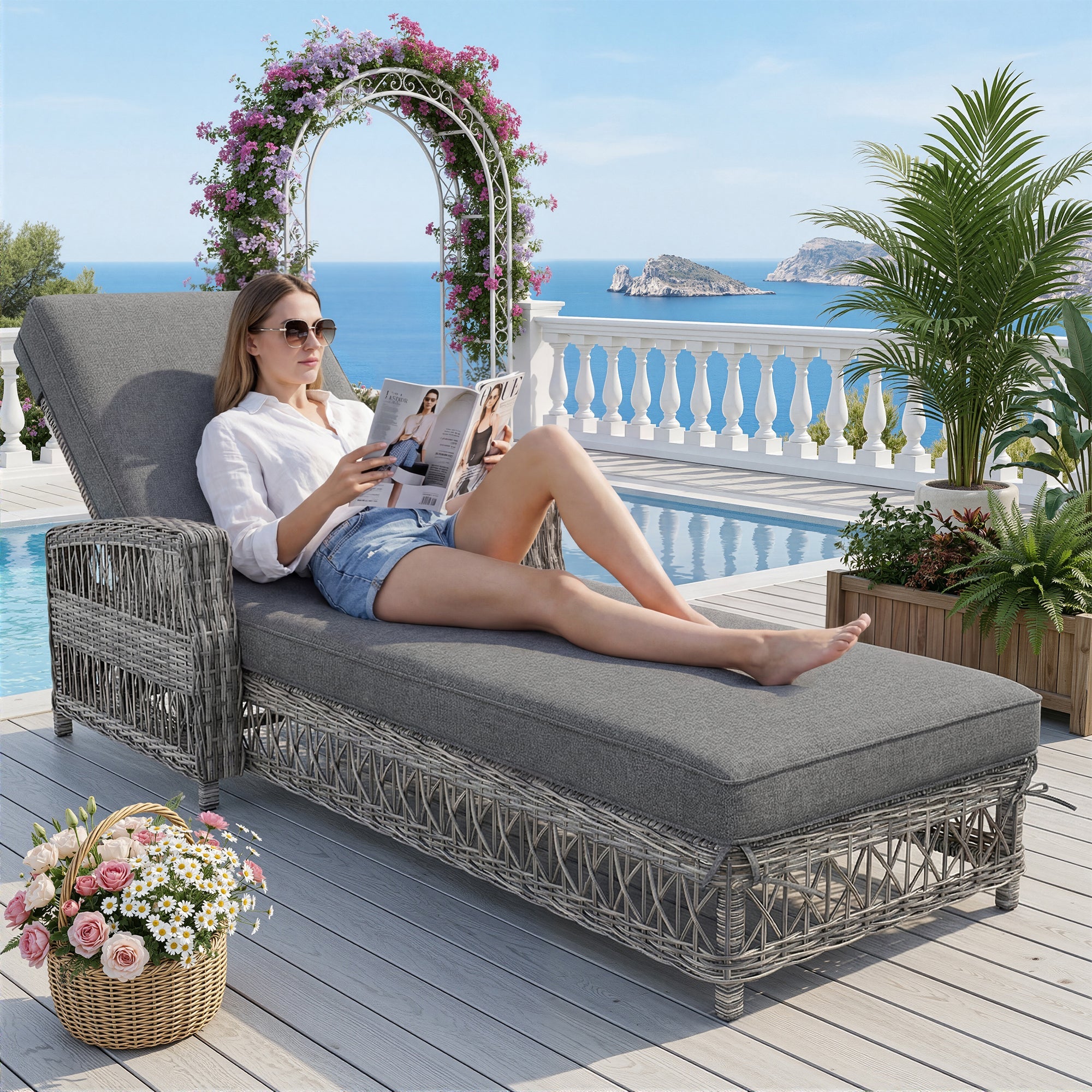 Outdoor Rattan Lounger with Adjustable Backrest and Removable Cushion, Grey Rattan