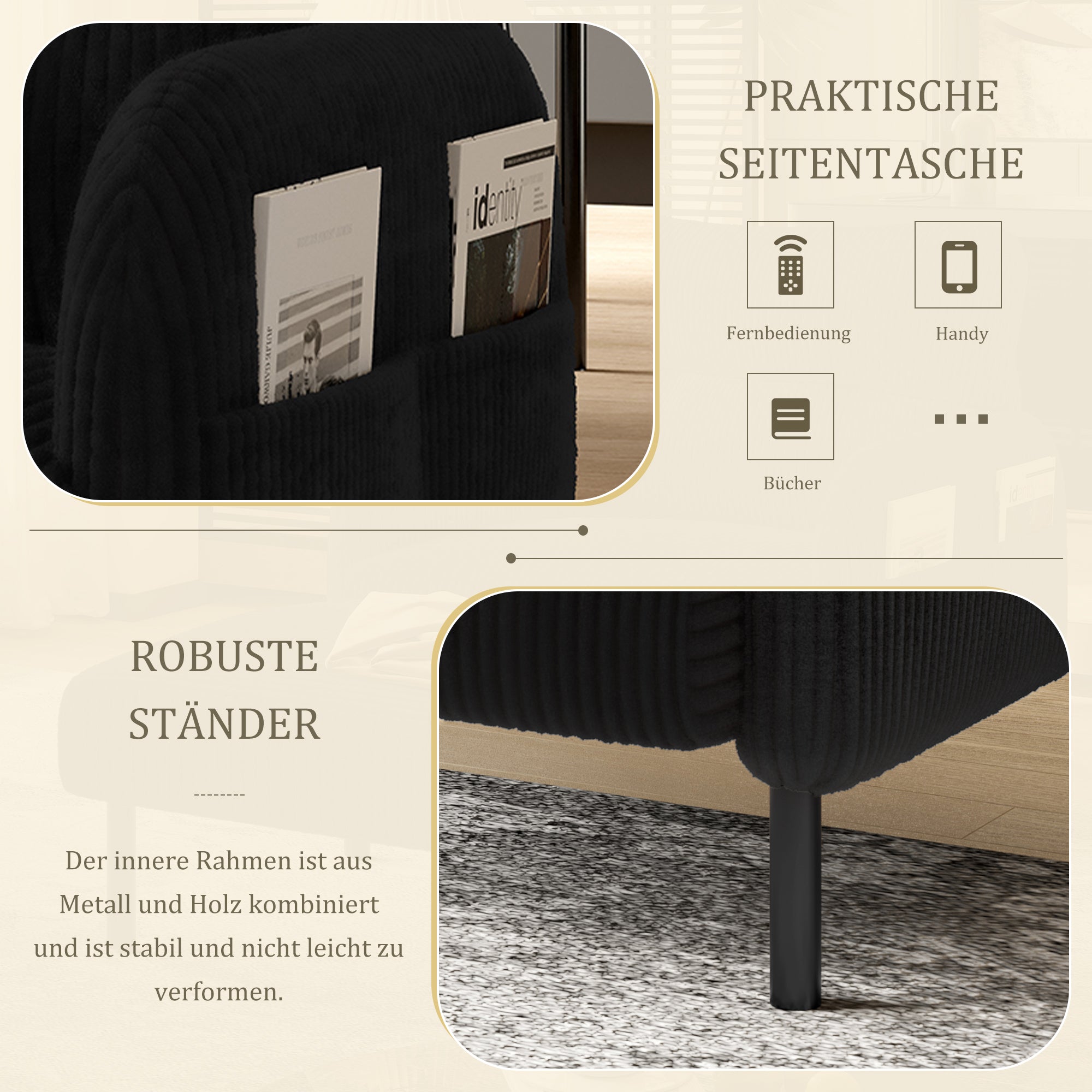 Sofa/Chair Comfortable with Side Pockets, Solid Structure - Velvet Fabric