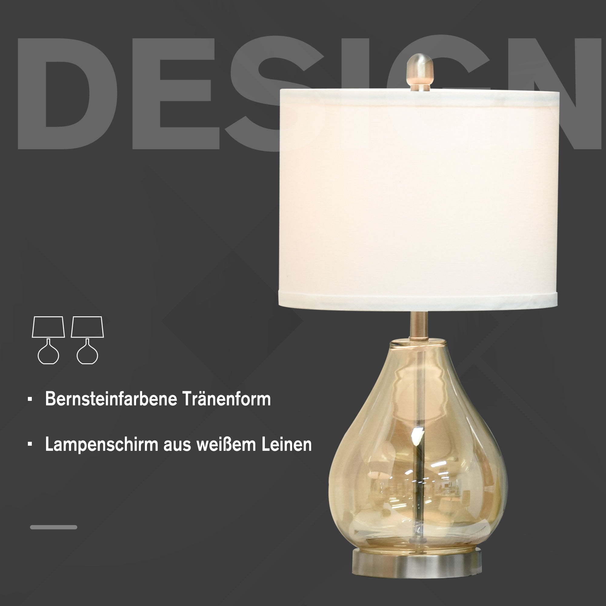 Table Lamp Set of 2 Bedside Lamps E27 Socket 40W Glass Linen Steel Amber