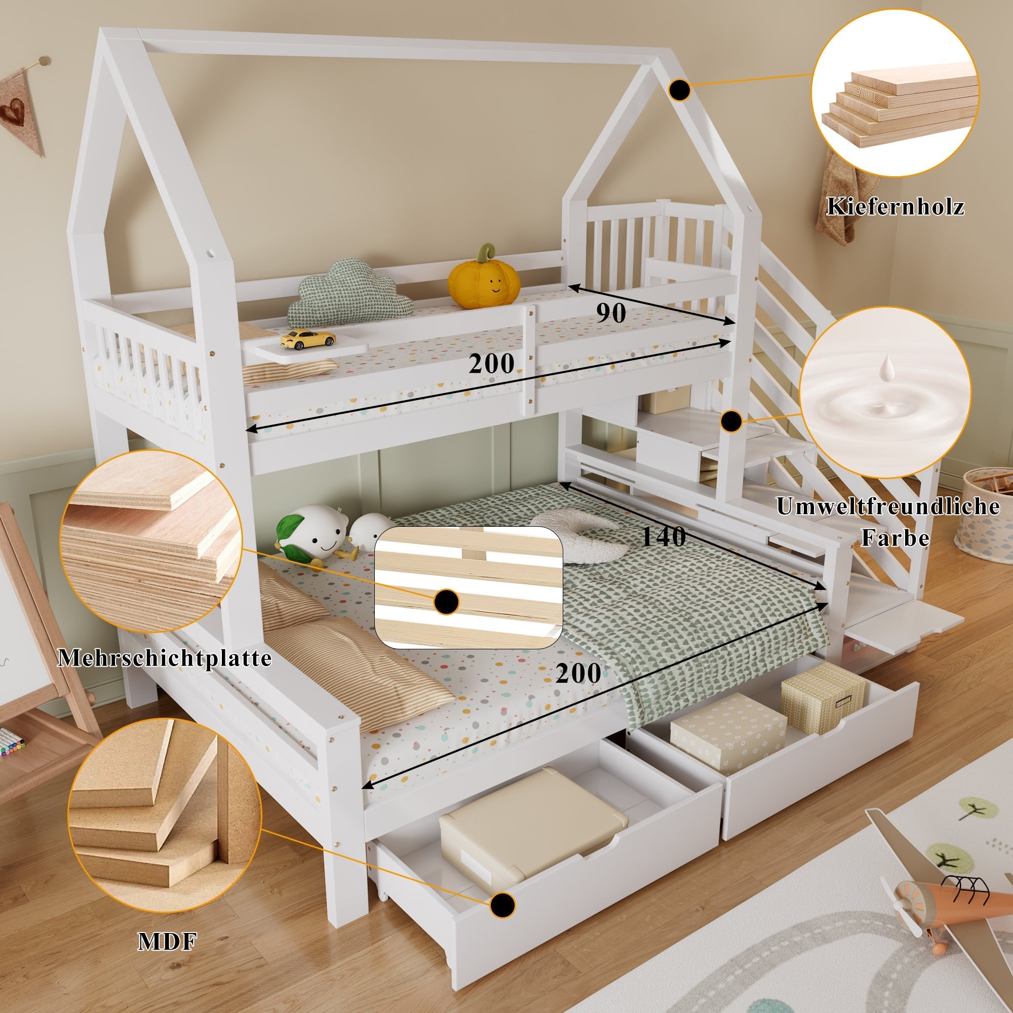 Bunk Bed Children's, Two Drawers Roof Design Safety Railing Stair Cupboard, 90x200cm & 140x200cm, Pine + MDF + Plywood White