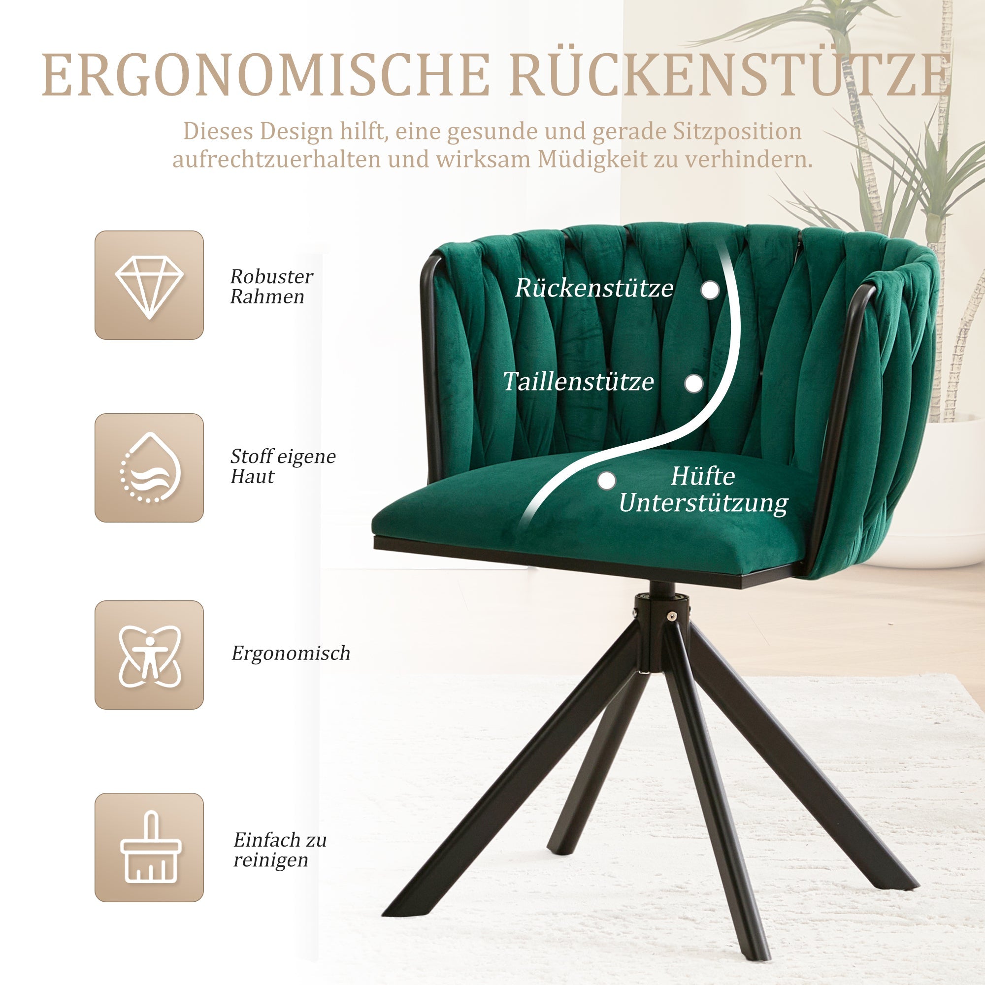 Velour Armchair, Heavy-Duty Metal Frame, 180° Swivel, Ergonomic, Velvety