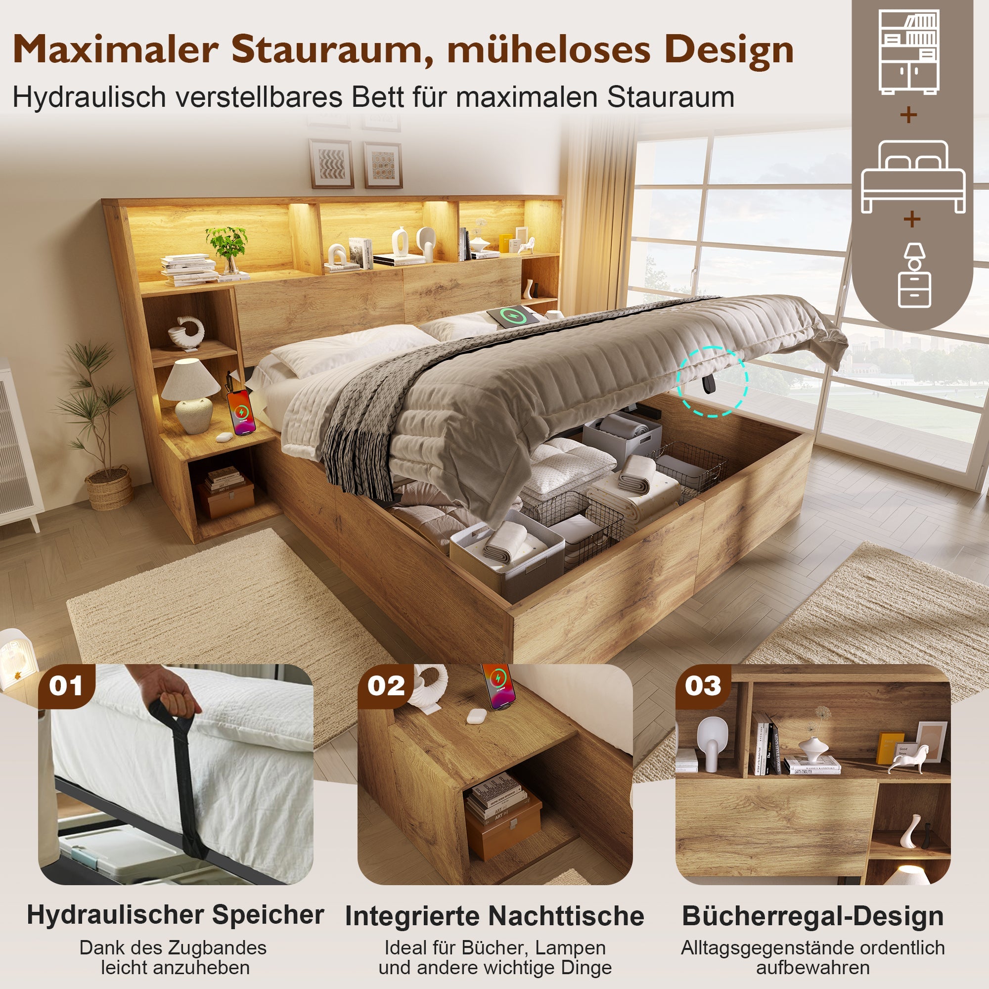 System Bed with Hydraulic Storage, Bedside Tables, LED & USB-C, 160x200cm, Oak Look Wood