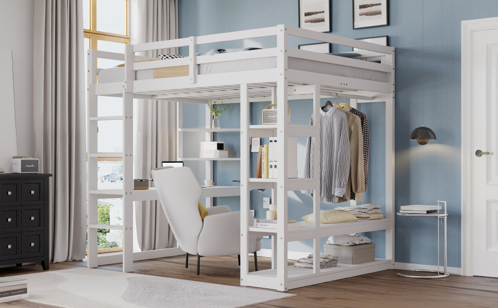Loft Bed with Desk and Shelves, Solid Wood White and Grey