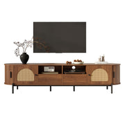 Oval TV Cabinet with Rattan Sliding Doors and Drawers, Wood Look and Metal Legs