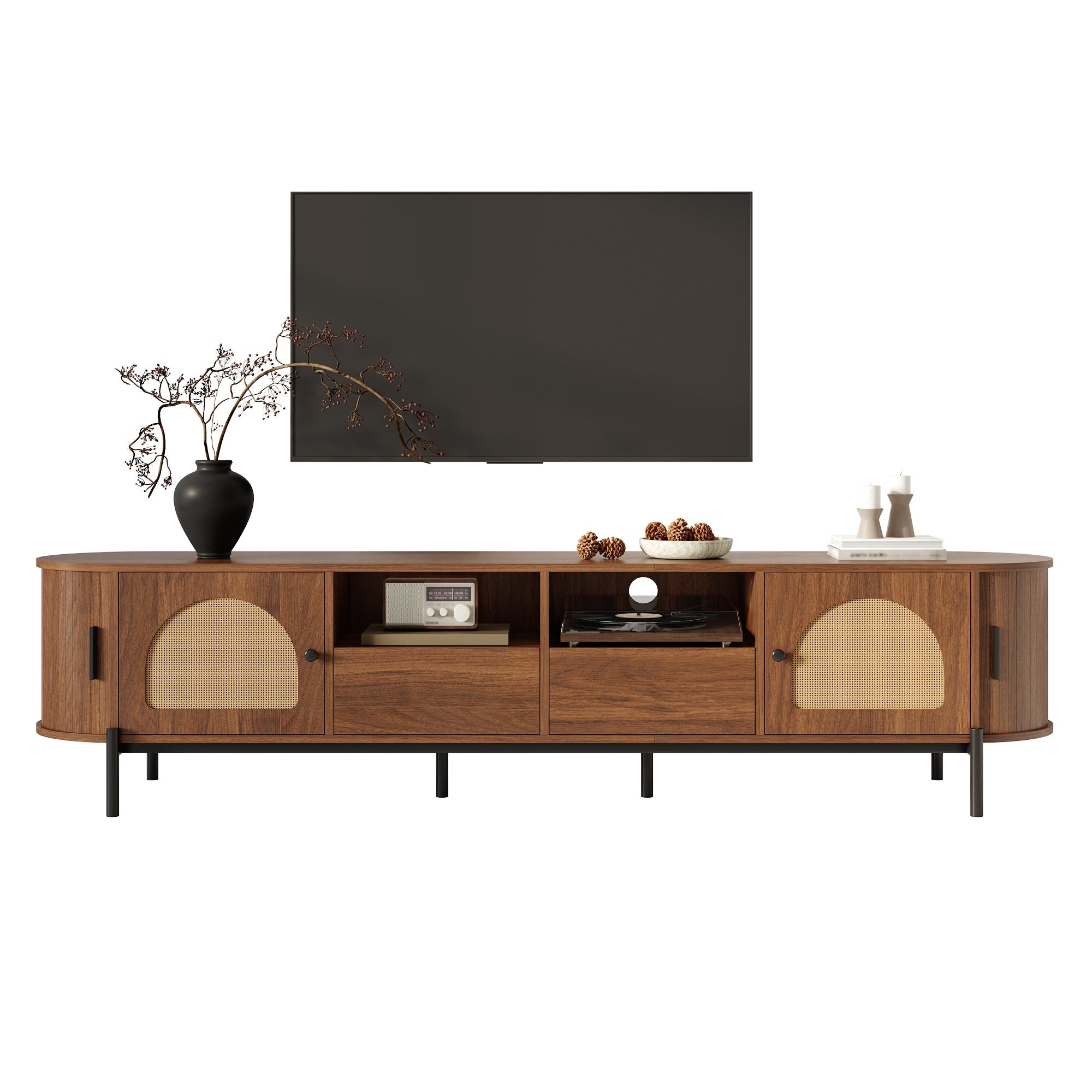 Oval TV Cabinet with Rattan Sliding Doors and Drawers, Wood Look and Metal Legs