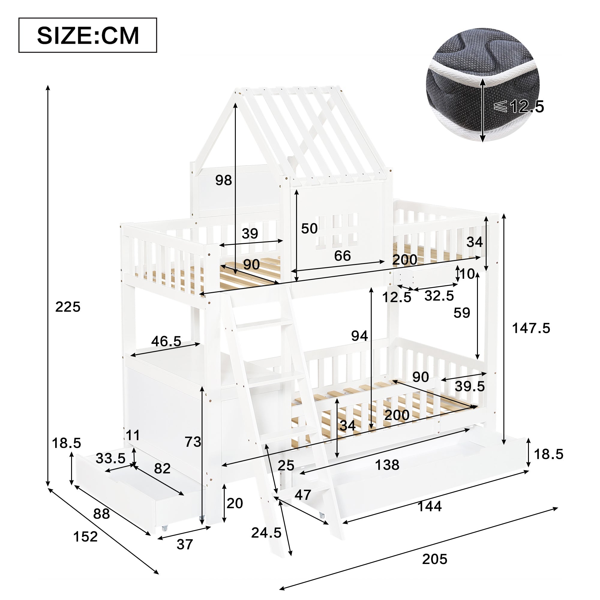 Bunk Bed, Roof & Window with Drawers, Reading Table, Storage Basket, Pine + MDF + Plywood, White