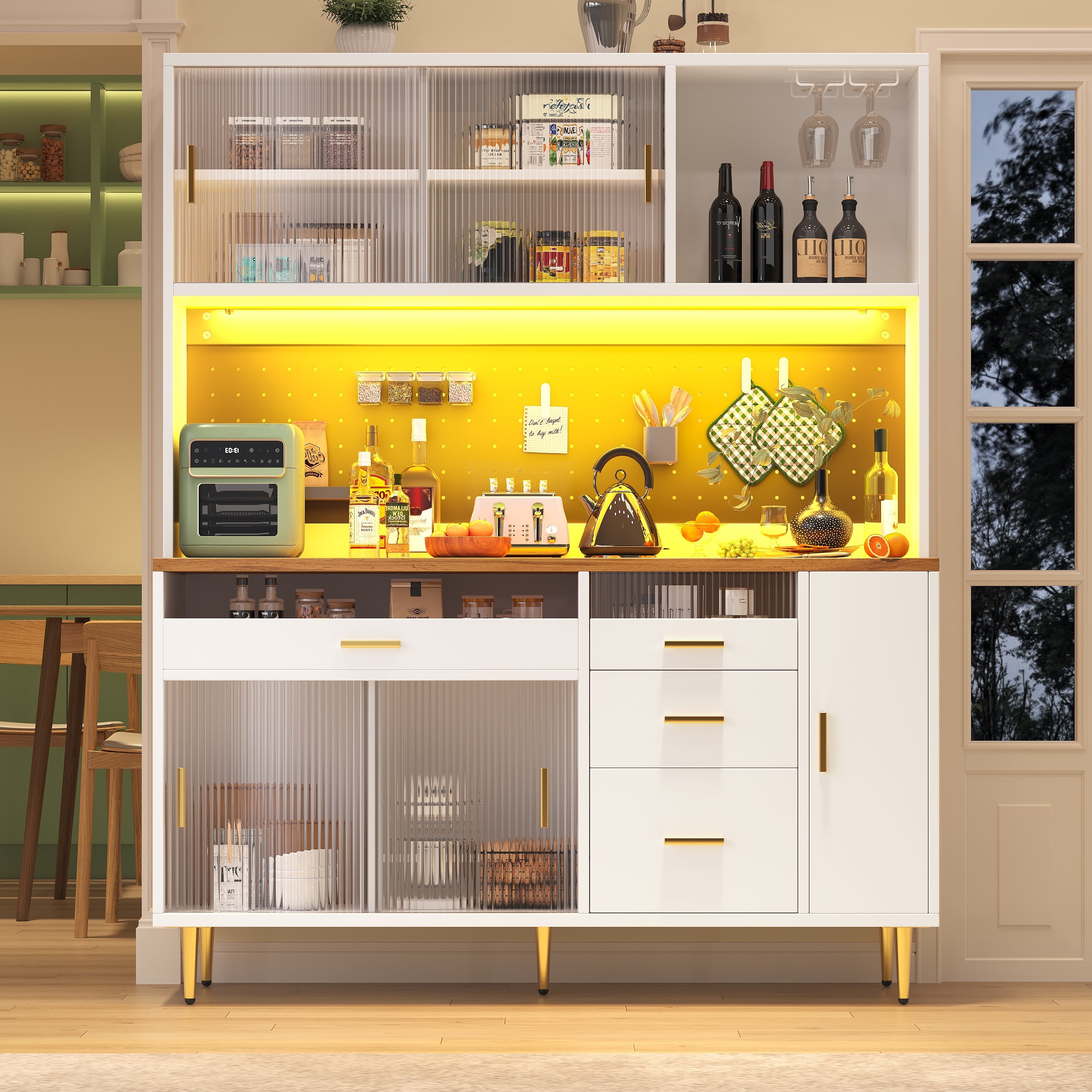 Tall Cabinet with LED Lighting and Pegboard Shelves, White