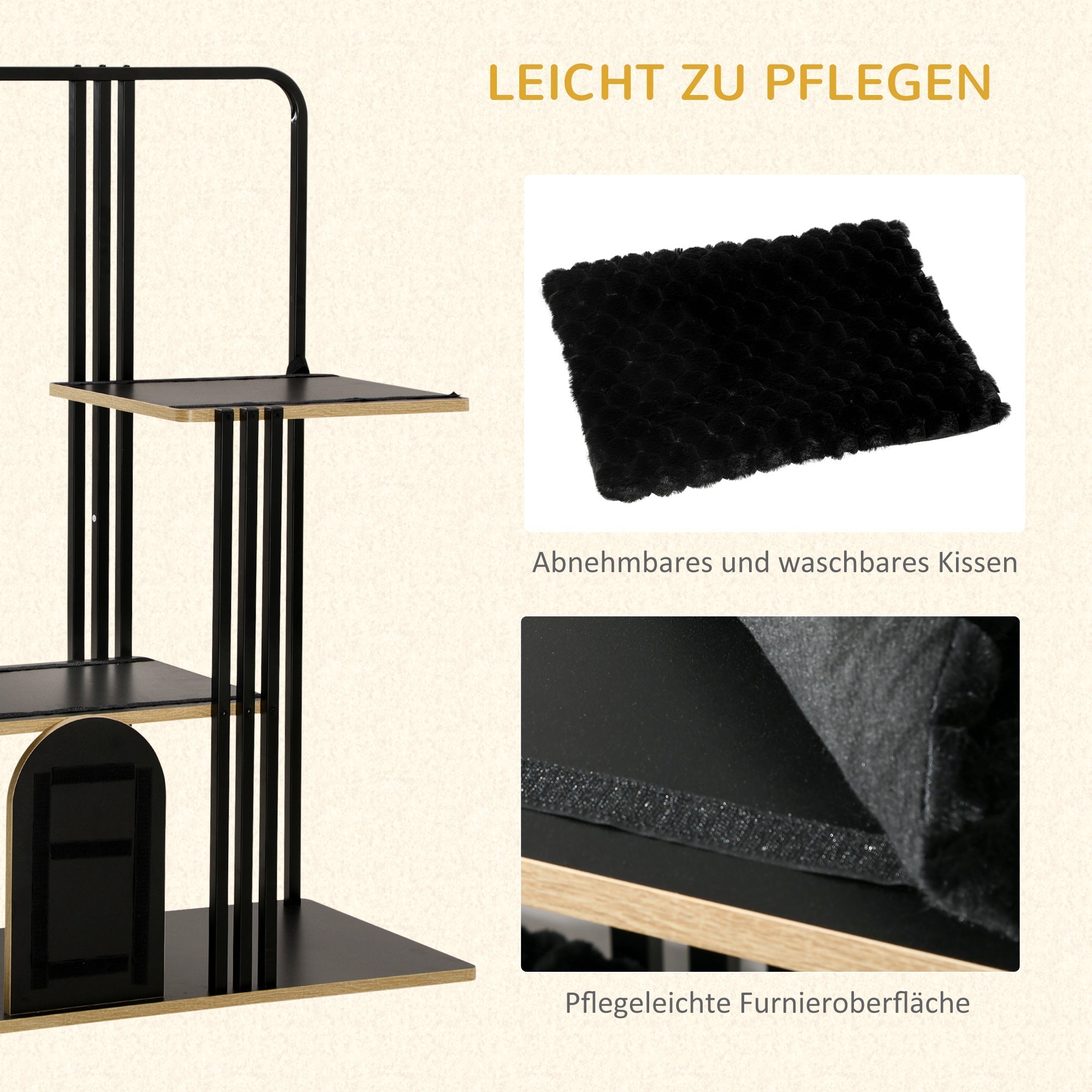 Katzenbaum mit Kissen, Kratzbrett, 2 Plattformen, Stahl Schwarz