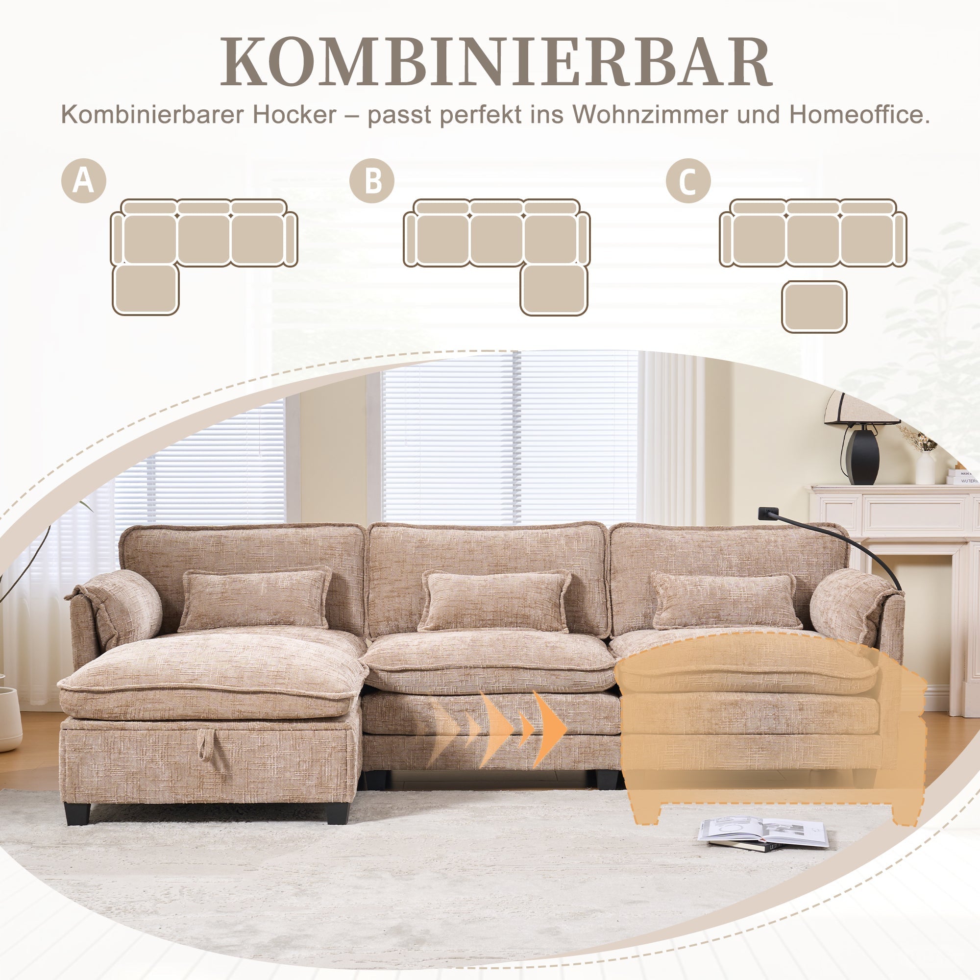 Modern 2-seater Sofa USB Storage Modular Footstool - Khaki Chenille