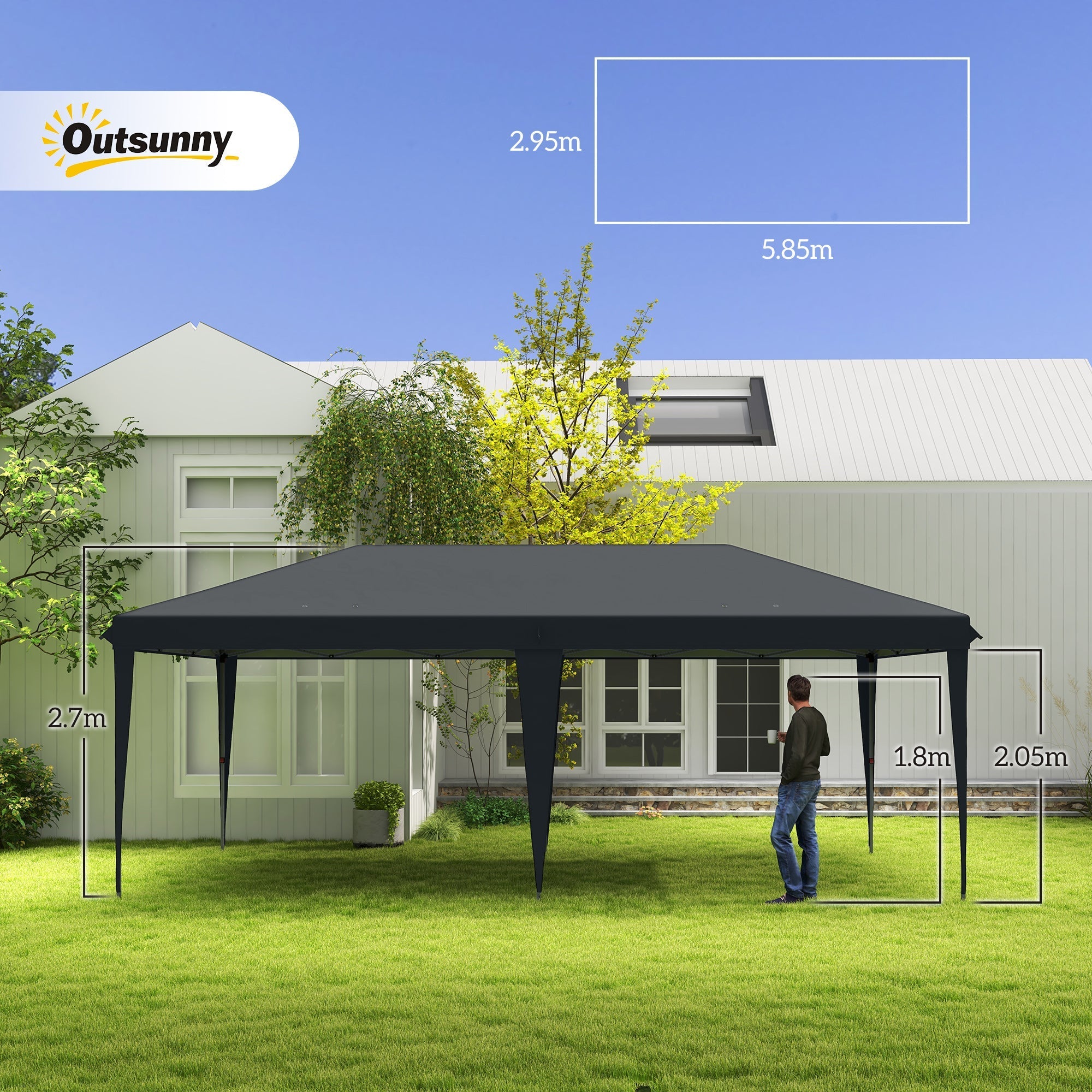 Pop Up Gazebo, 3 x 6m Foldable Canopy Tent Height Adjustable, Black