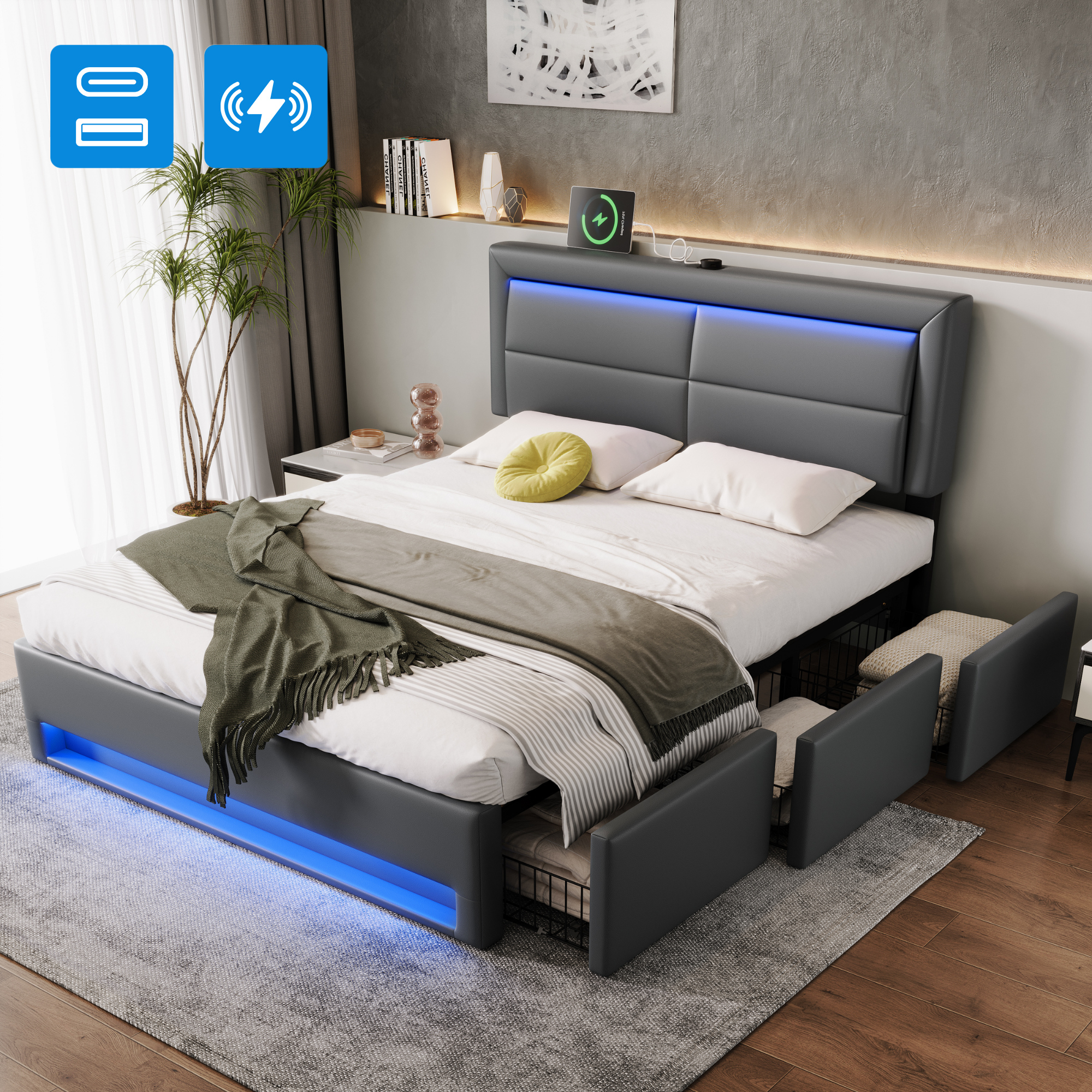 Upholstered Hydraulic Bed with USB, LED and 3 Storage Drawers, 140x190cm, Grey PU Leather