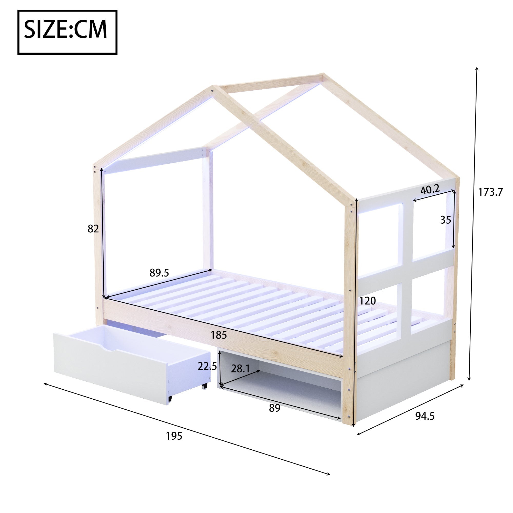 Wooden Bed with Drawers, Shoe Cabinet and LED Lighting, 90x190cm, Wood Color