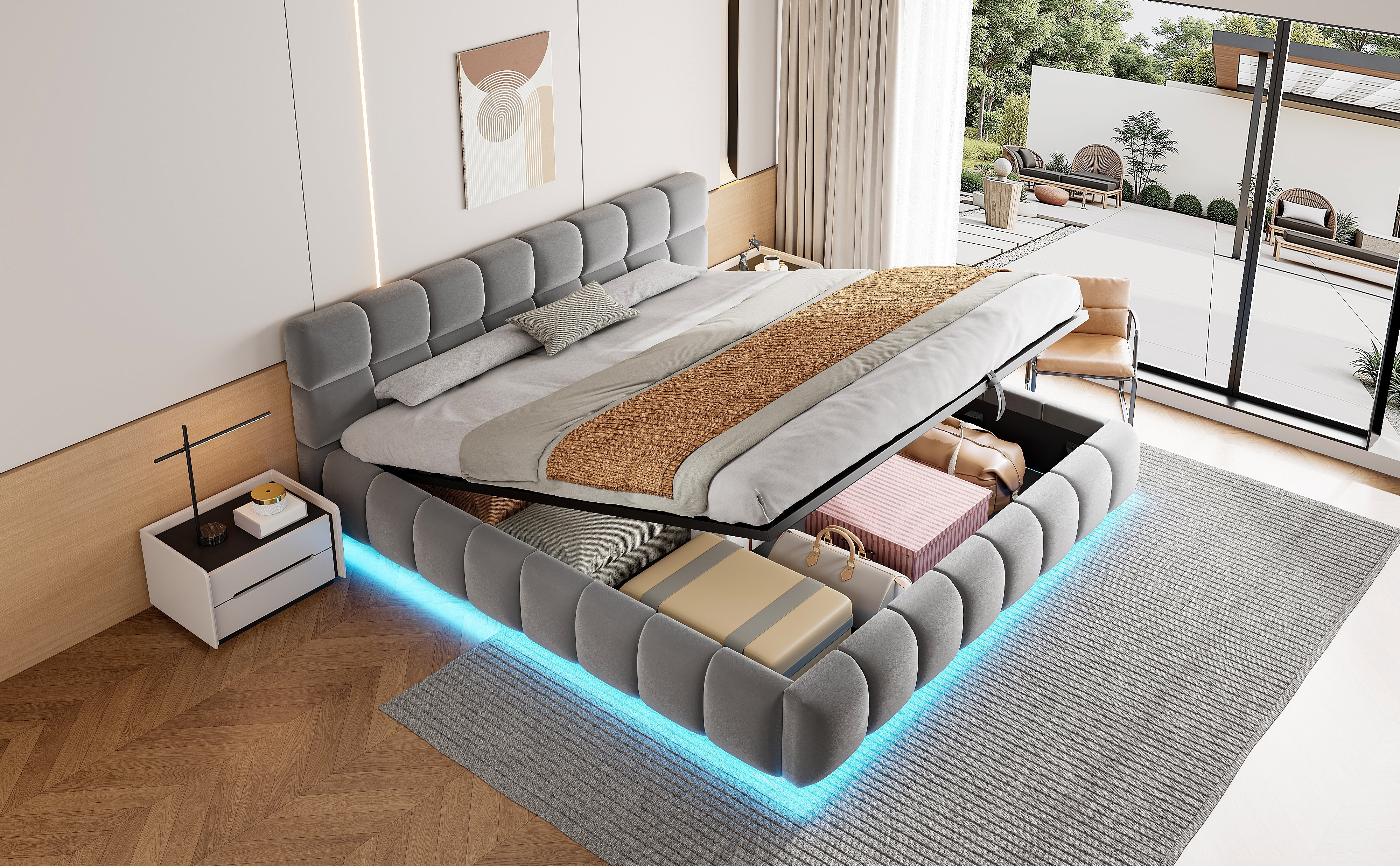 Upholstered Double Bed with Light Strip and Hydraulic Storage, 180x200cm, Grey Velvet