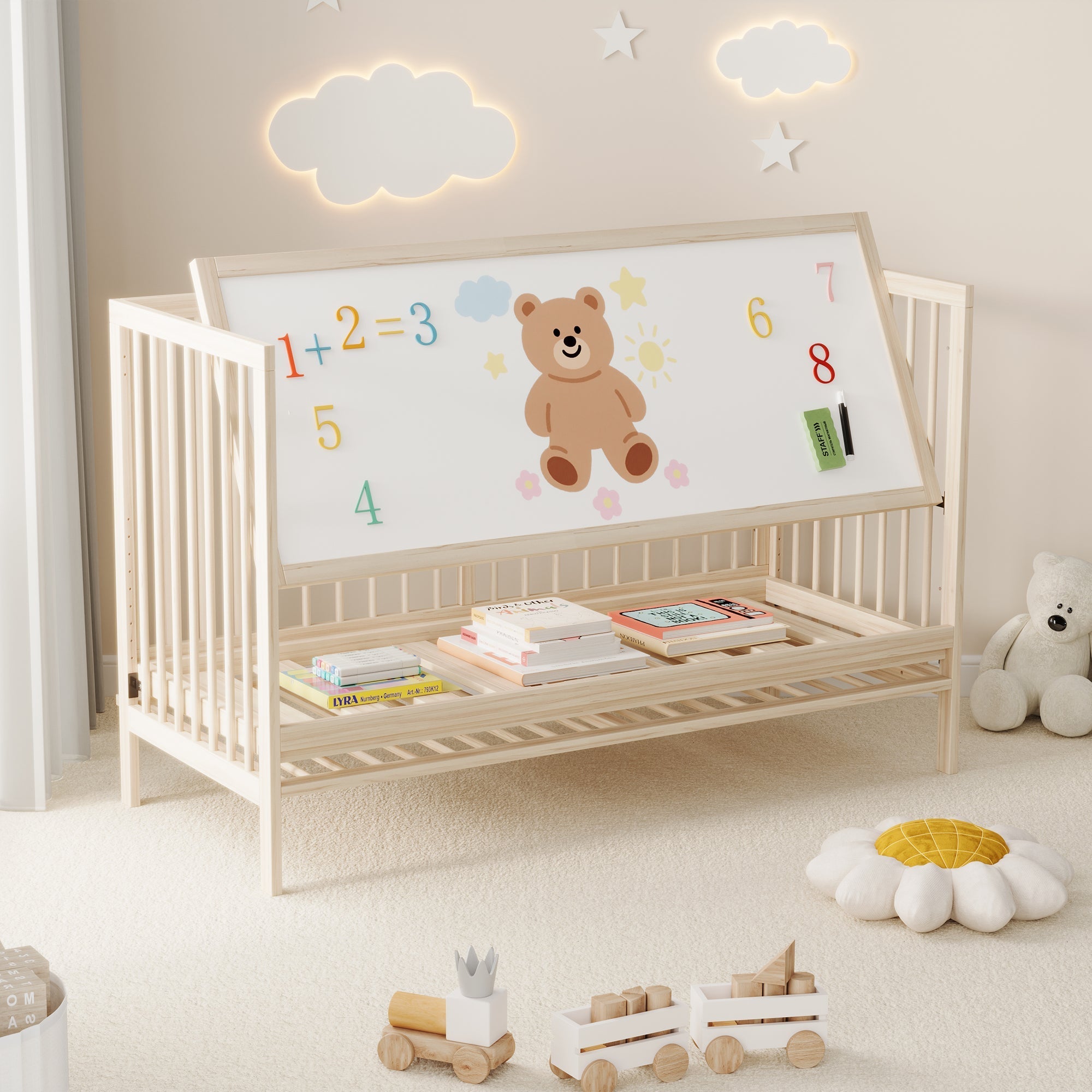 Wooden Baby Bed 140x60cm Multifunctional Convertible Side Bed Desk Height-Adjustable Spruce Natural