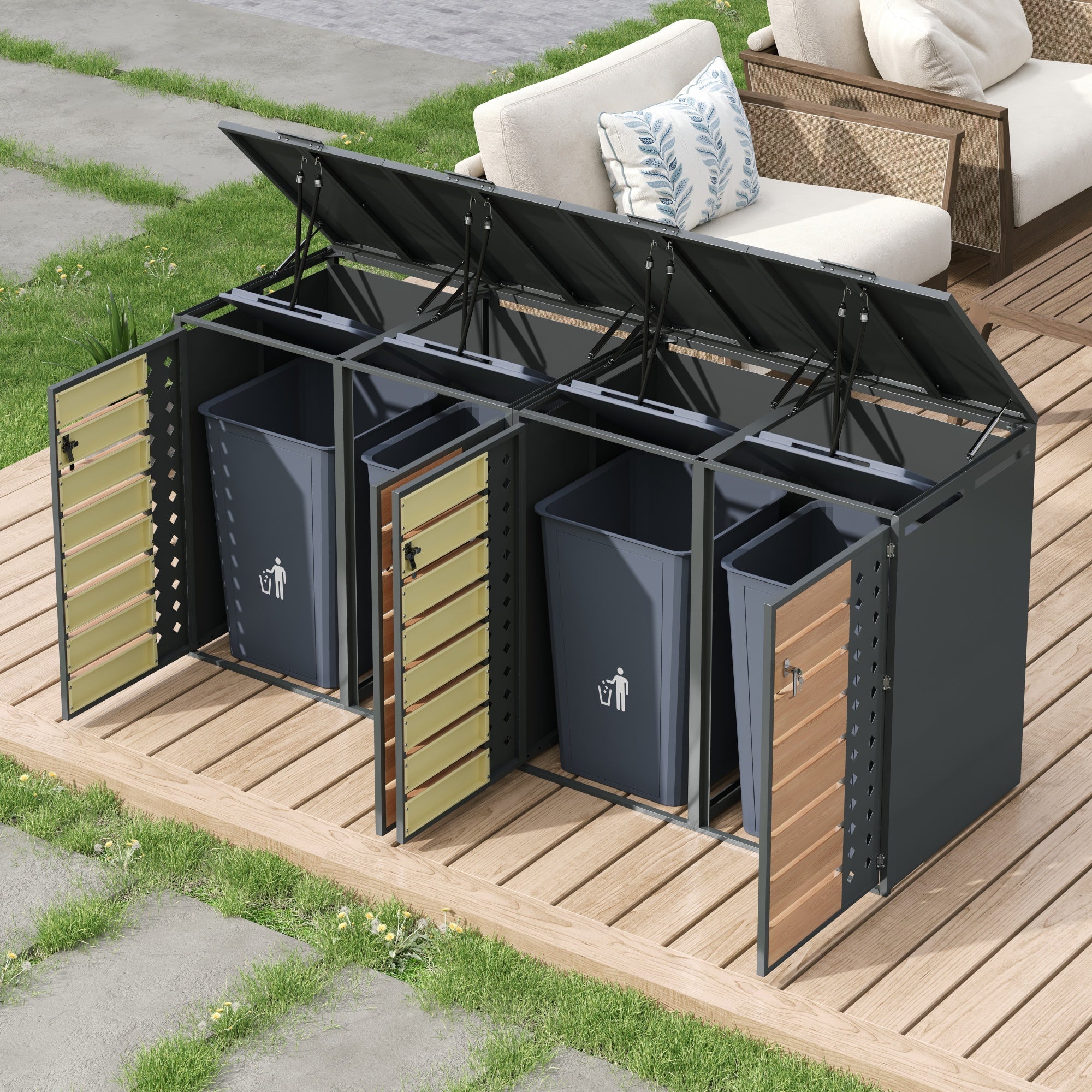 Garbage Can Storage Box with Hinged Lid, Lockable Four Doors, and Diamond-Shaped Hollow Panels, Metal