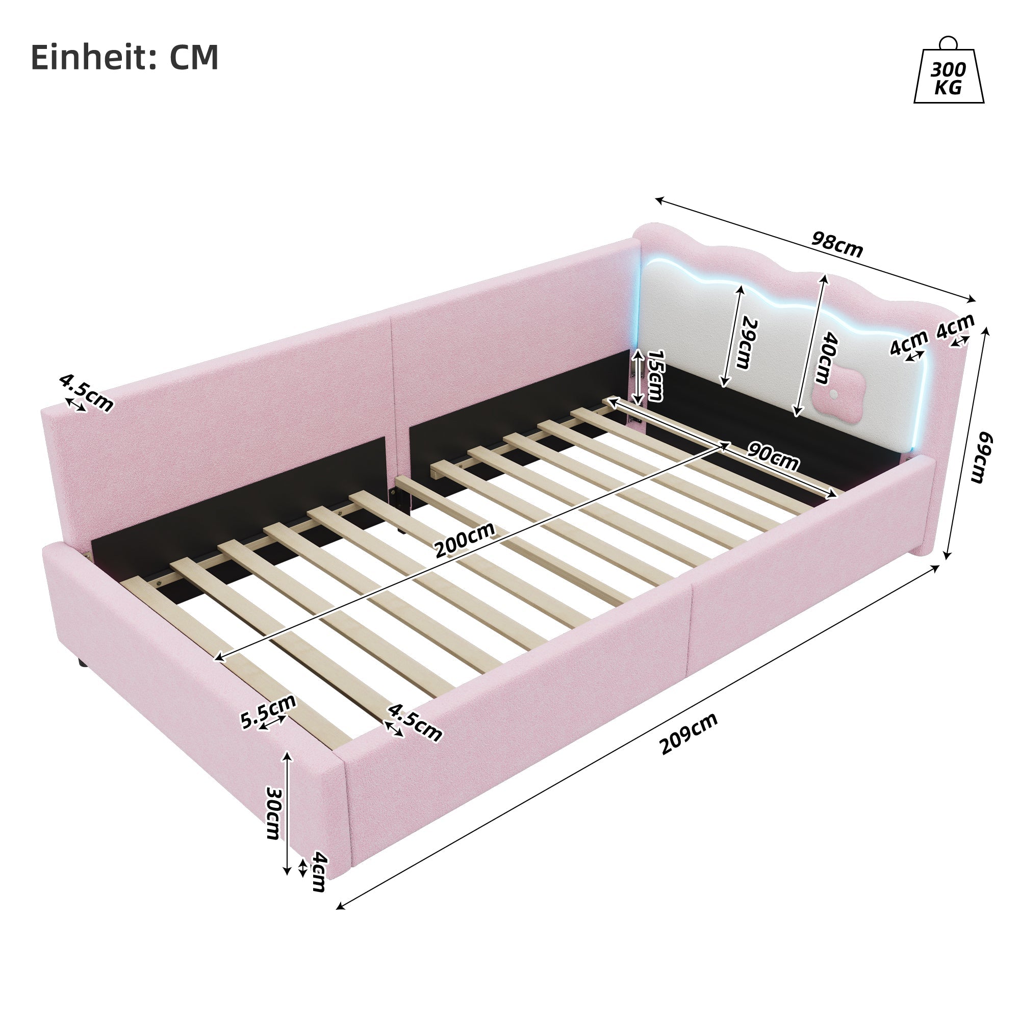 Daybed Sofa Bed with LED Ambient Light and Slatted Base, Pink Imitation Fleece