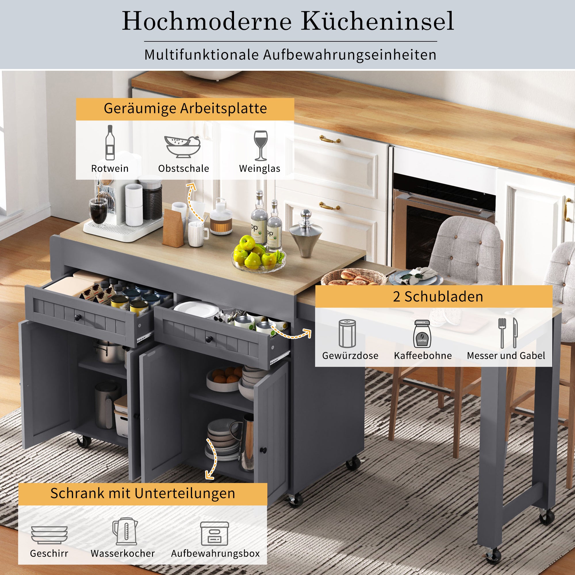 Kitchen Island, Extendable Dining Area Worktop & Drawers, Mobile Freestanding, Gray + Natural