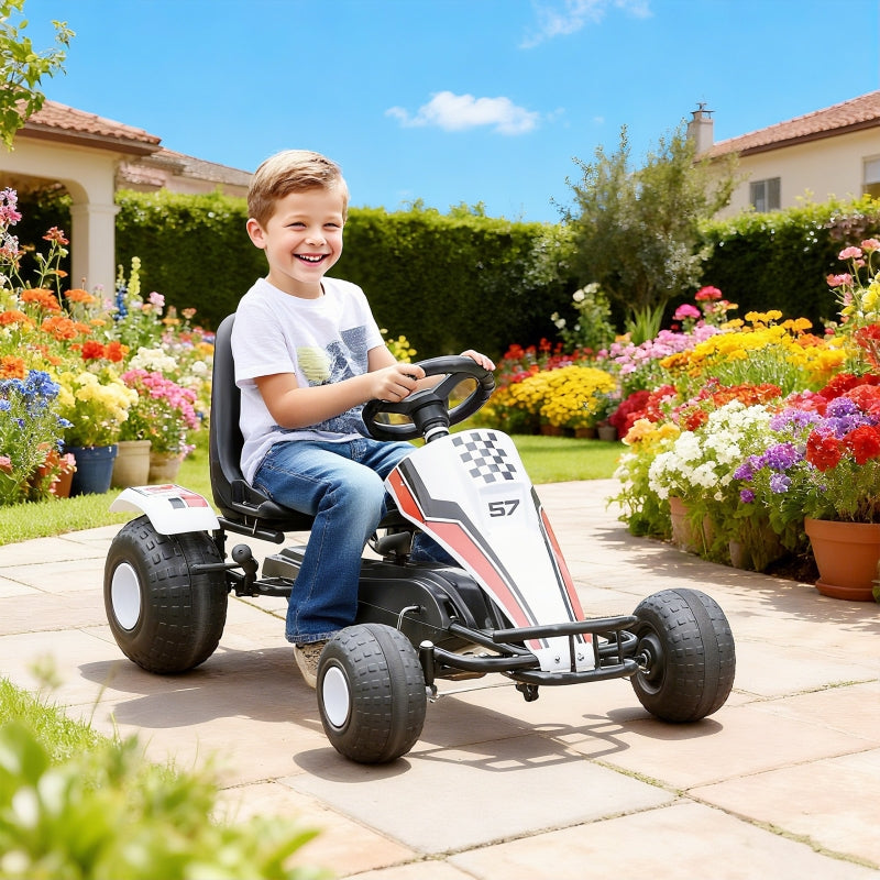 Go-Kart Ride-On Car with Pedal Brakes for Kids 3-6 Years, White Steel