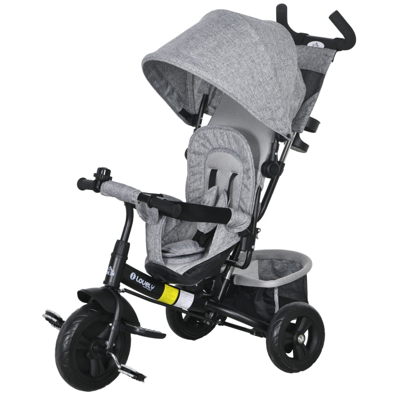 6-in-1 Tricycle with Push Bar, Removable Sun Canopy, 5-Point Safety Harness, Grey