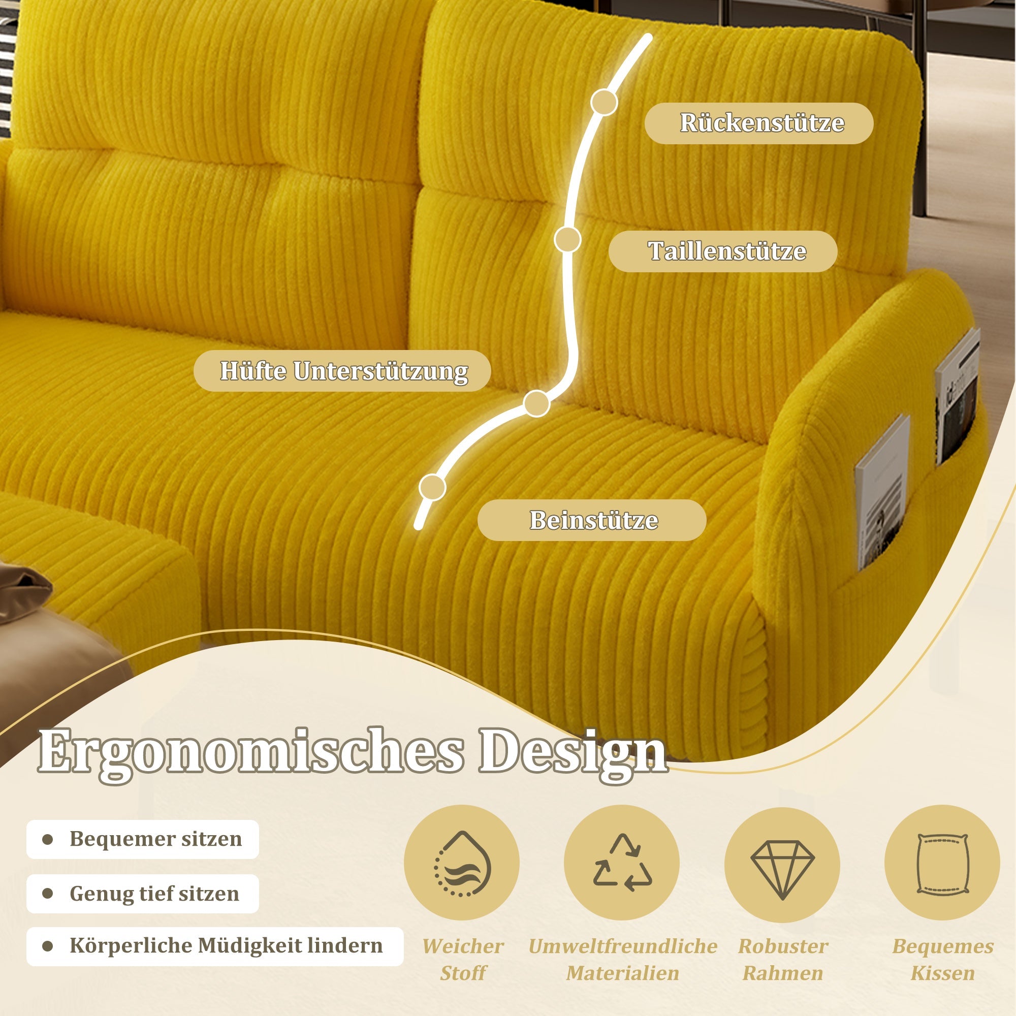 Cord Modular 3-Piece Sofa Set, Armchair Footstool 2-Seater, Deep Seat Tubular Steel Frame, Mustard Yellow