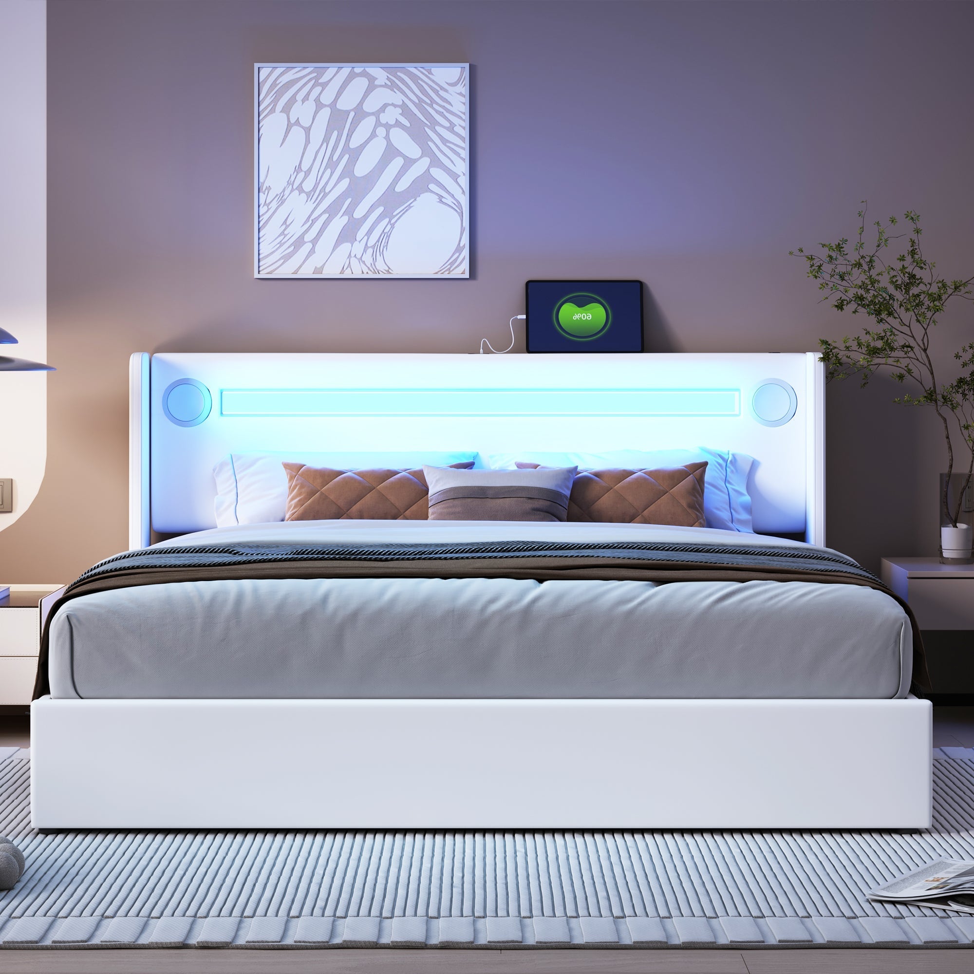 Multifunctional Upholstered Bed with LED Lighting, Bluetooth and USB Storage, White PU Leather