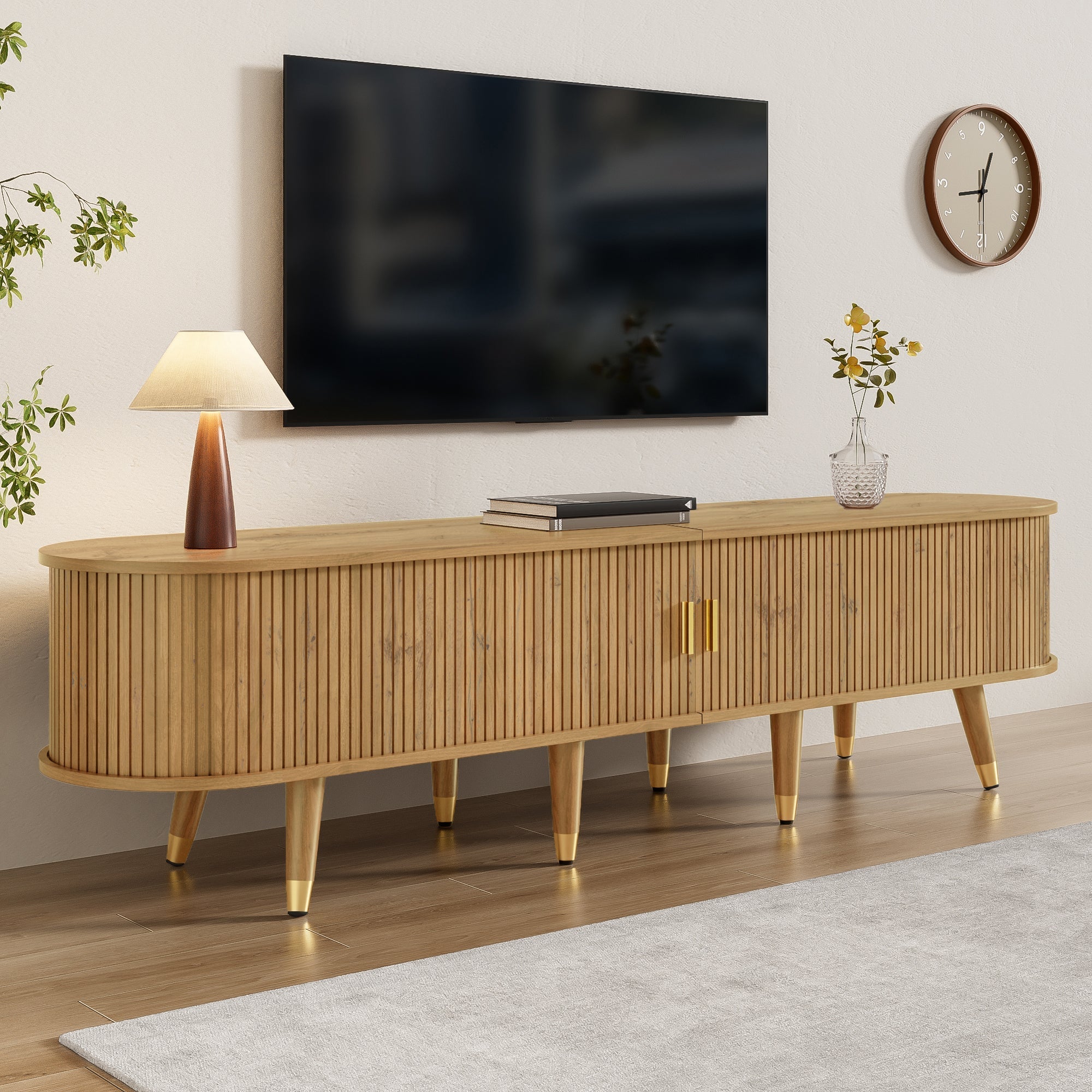 TV Cabinet Sliding Doors Media Console Wood Grain