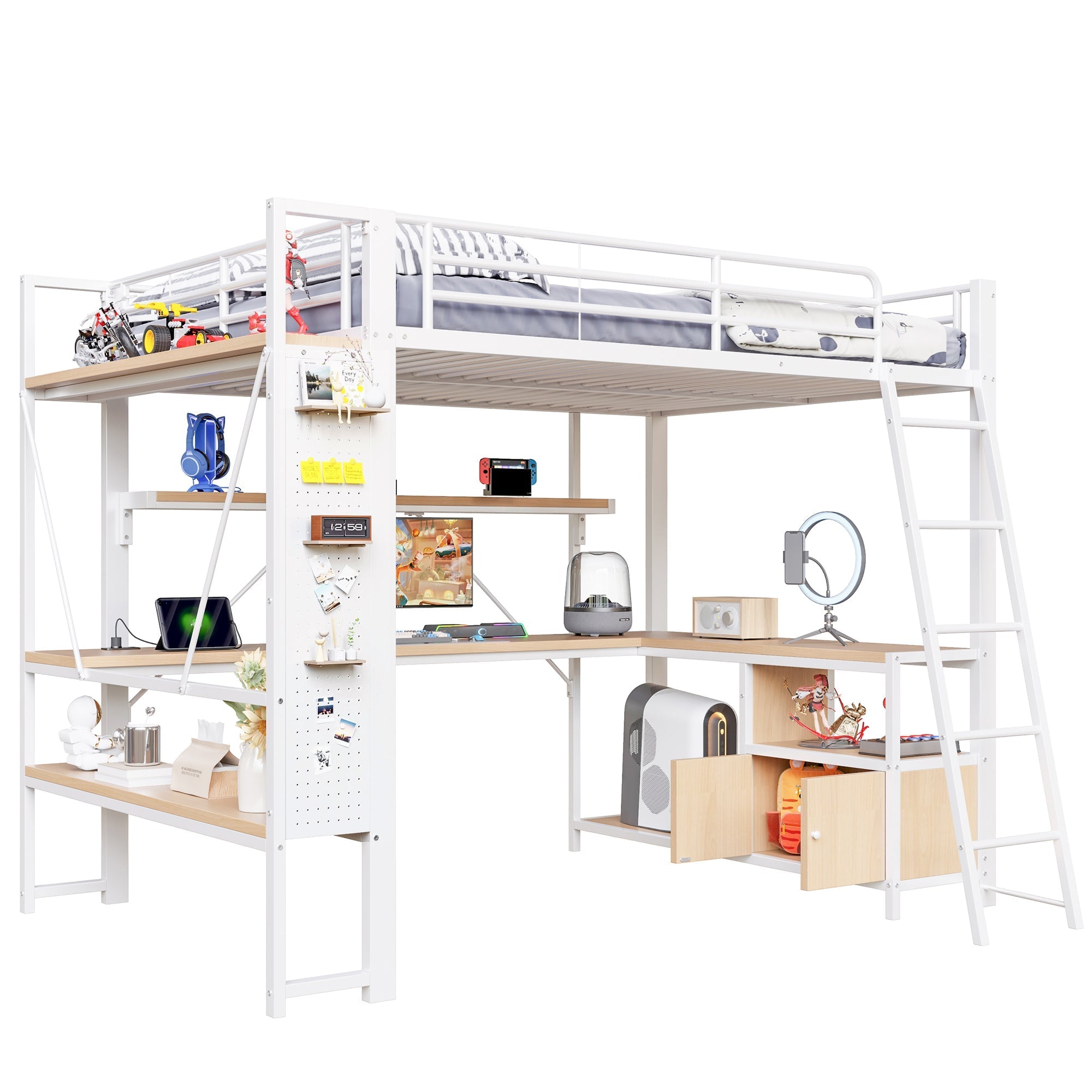 Loft Bed with Desk, LED Lights, Storage and USB Port, 140 x 200 cm, White Iron Frame