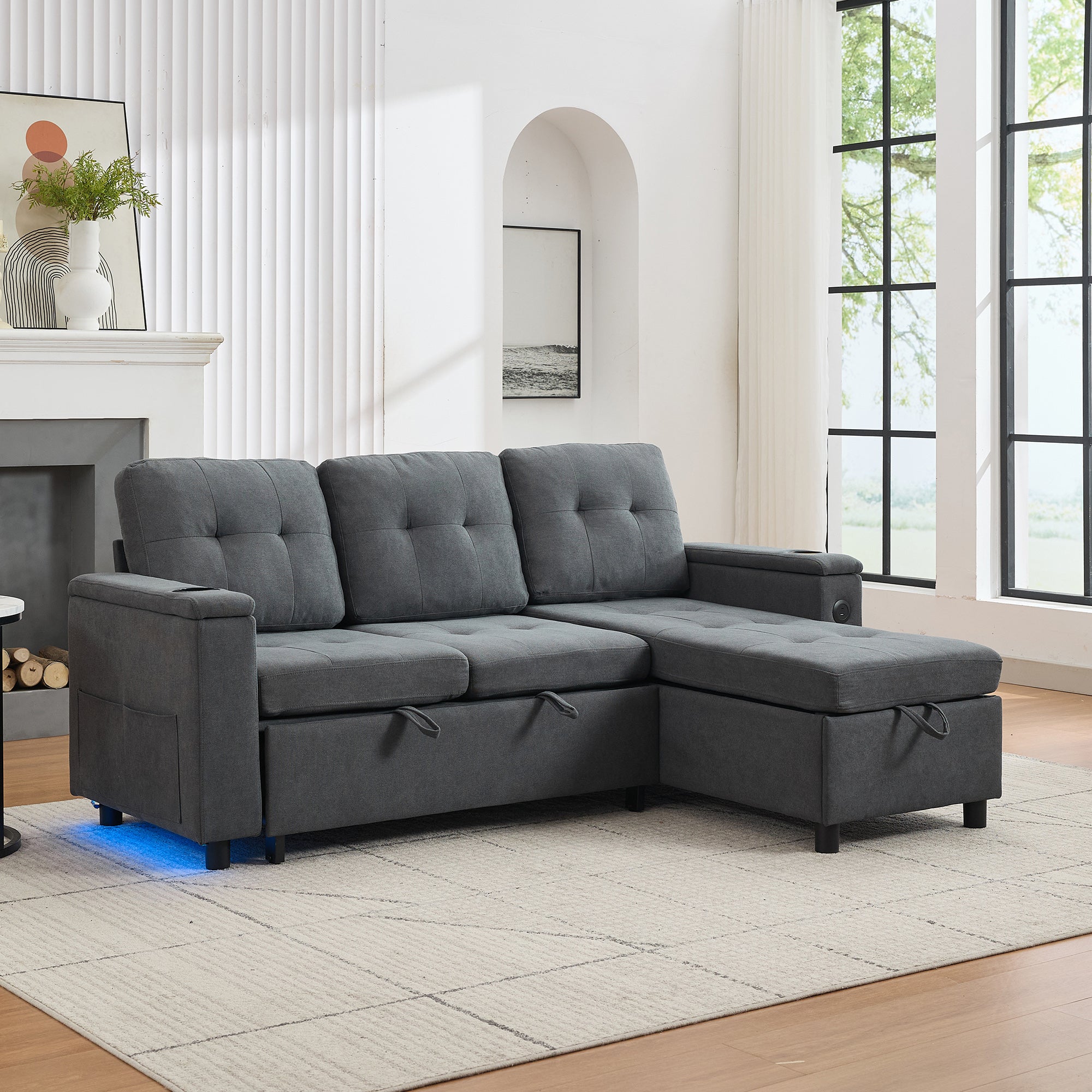 Treviso L-Shaped Sofa Bed with LED Lighting and Storage, Grey