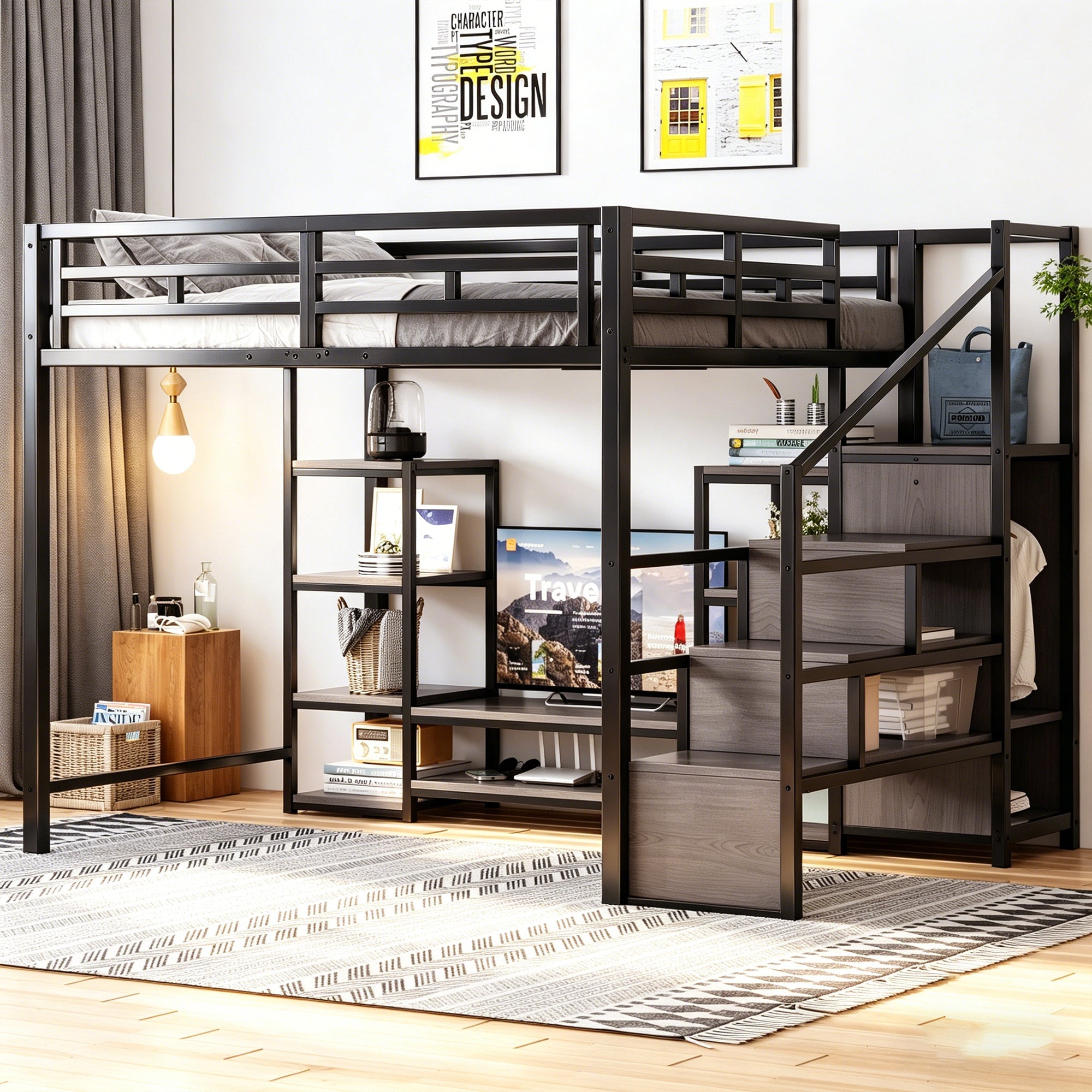 Loft Bed with TV Stand, Power Outlet and Safety Ladder, 140x200cm, Bla ...