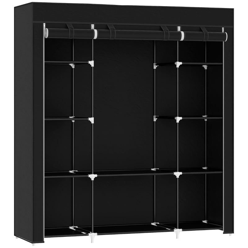 Portable Wardrobe Foldable Storage Organiser with Hanging Rail and Shelves, Black Fabric