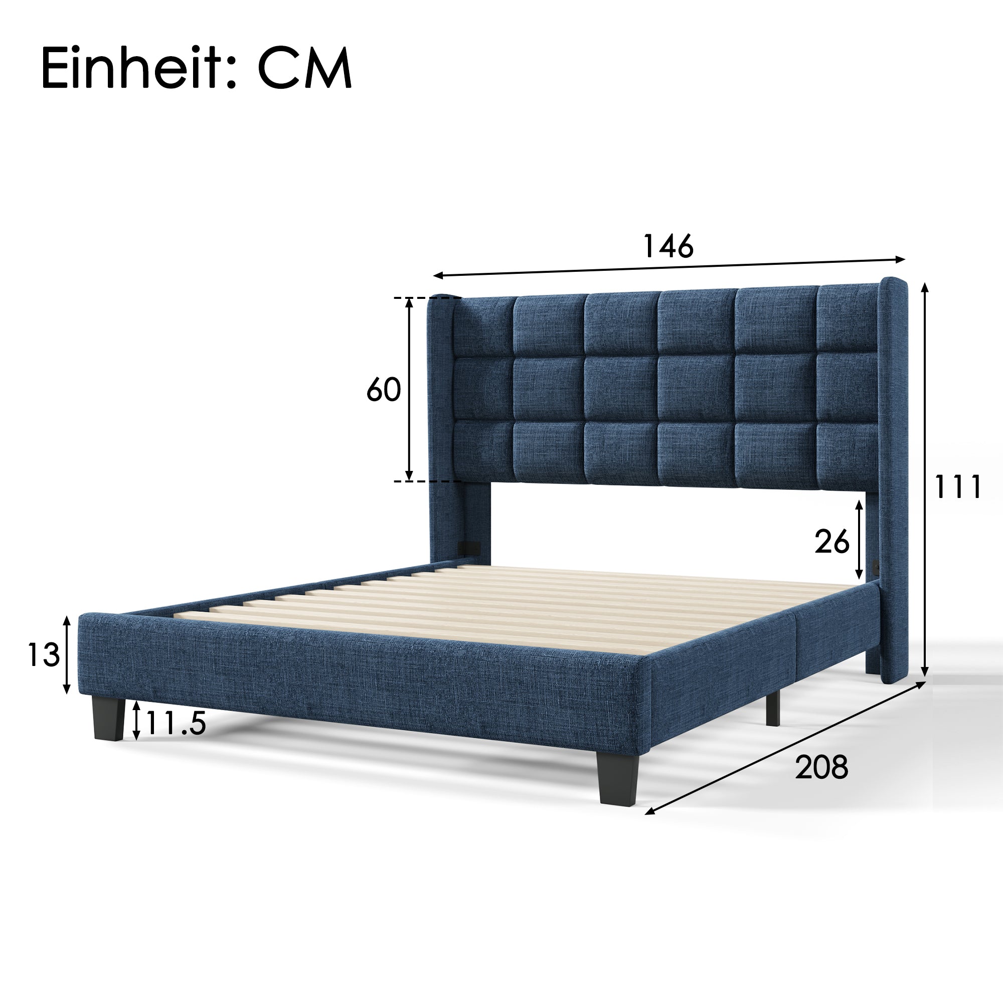 Upholstered Bed, Double with Slatted Frame, 140x200cm, Blue Linen