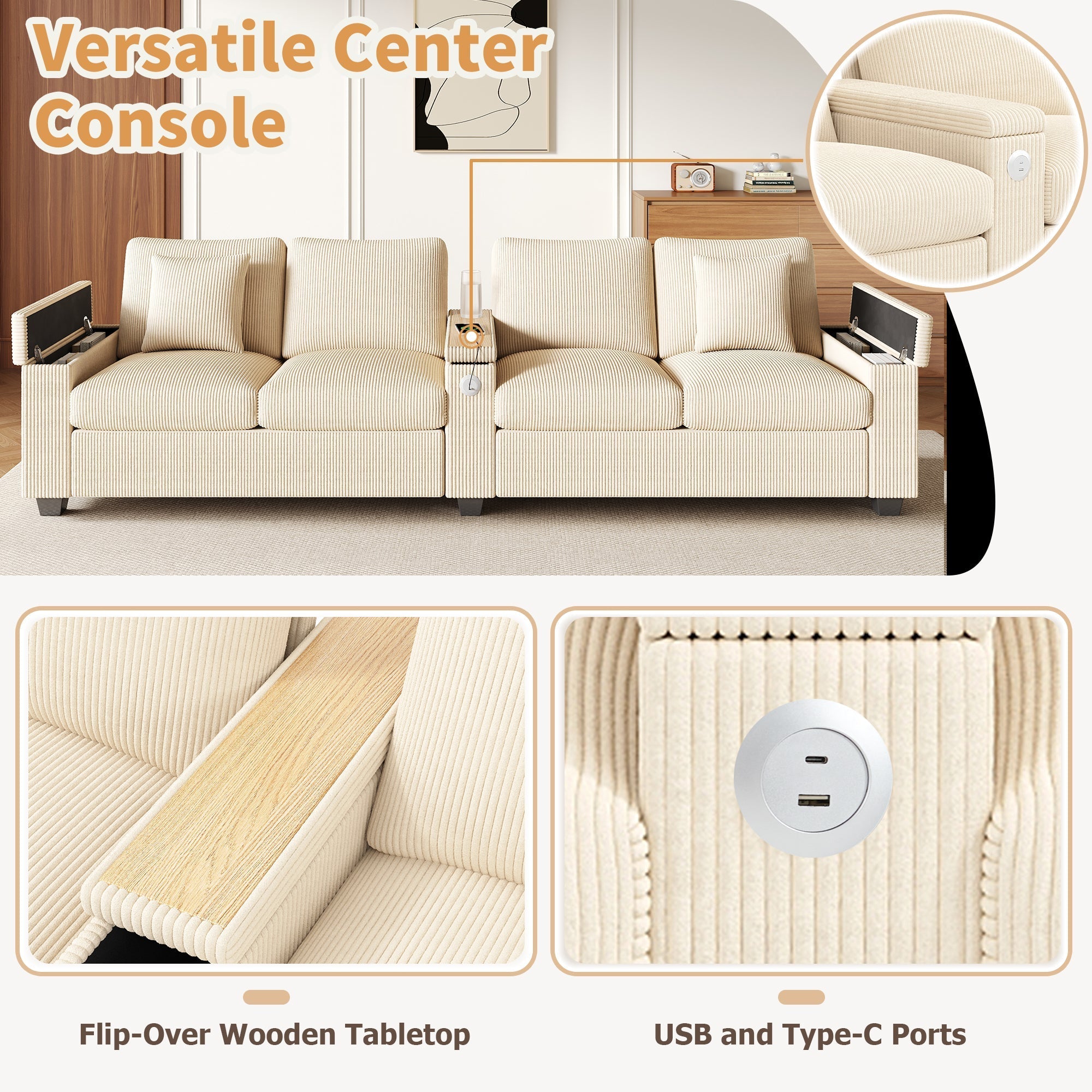 Modern 4-Seater Corduroy Sofa with USB Charging and Storage, Beige