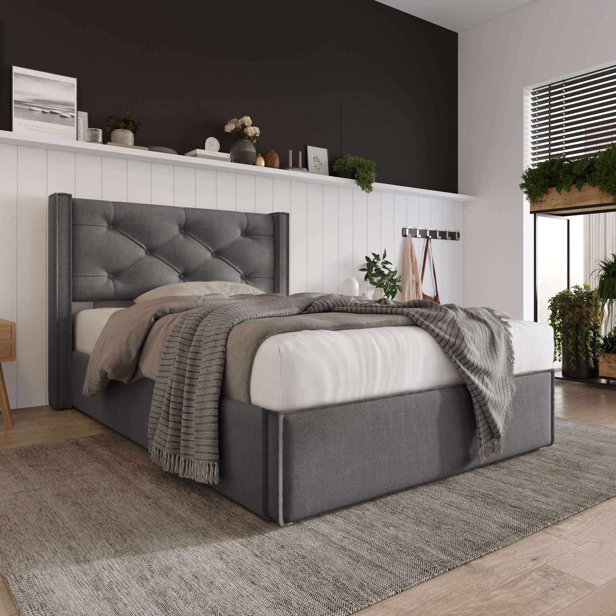 Hydraulic Upholstered Bed, Single 90x200cm with Storage, Grey Cotton
