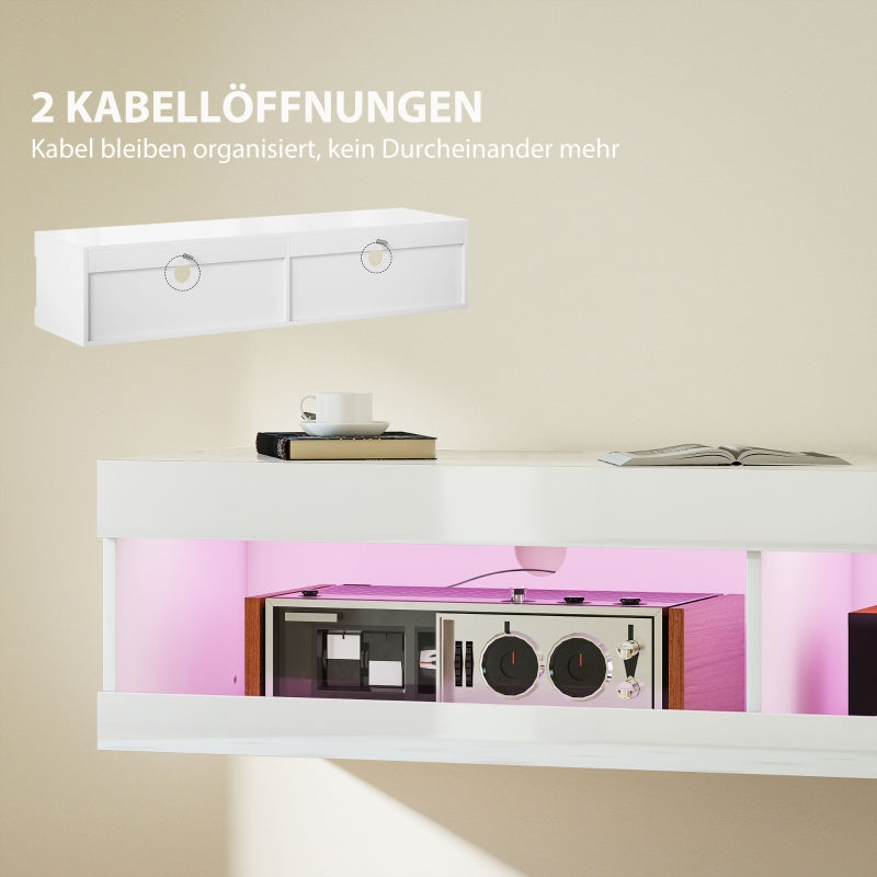 TV Cabinet 140cm Wall-Mounted Lowboard RGB LED Lighting Open Storage High-Gloss White
