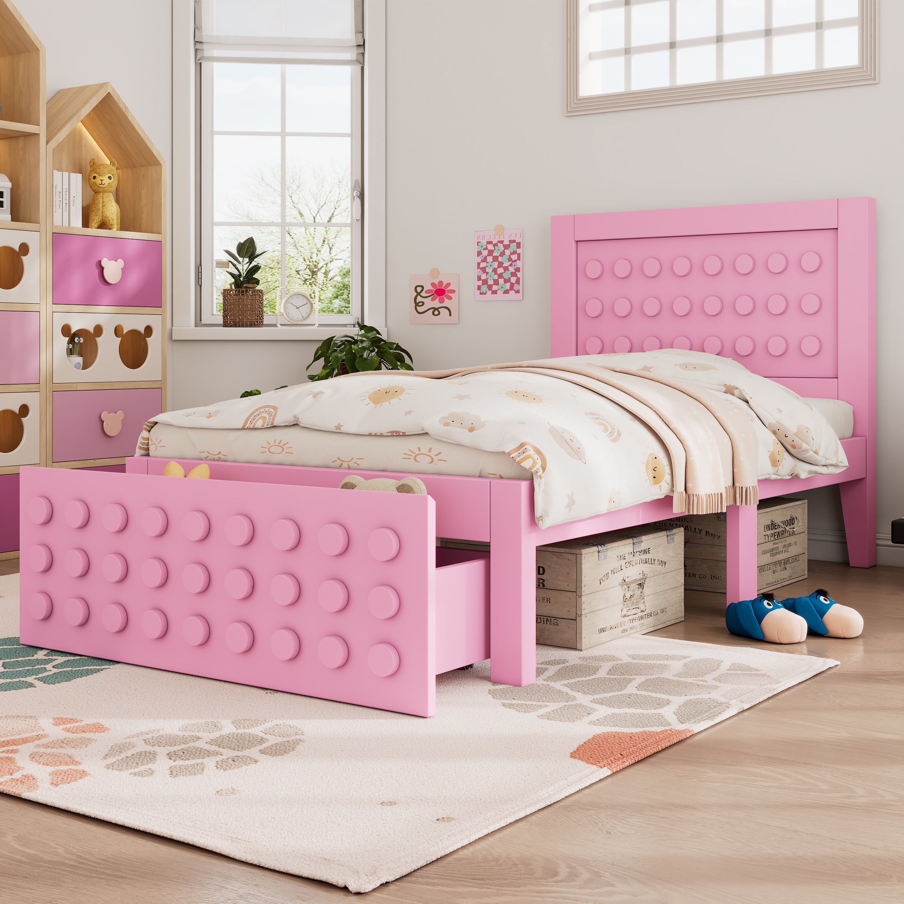 Wooden Single Bed 90x190cm Children's Creative Block Design with Drawers Pink