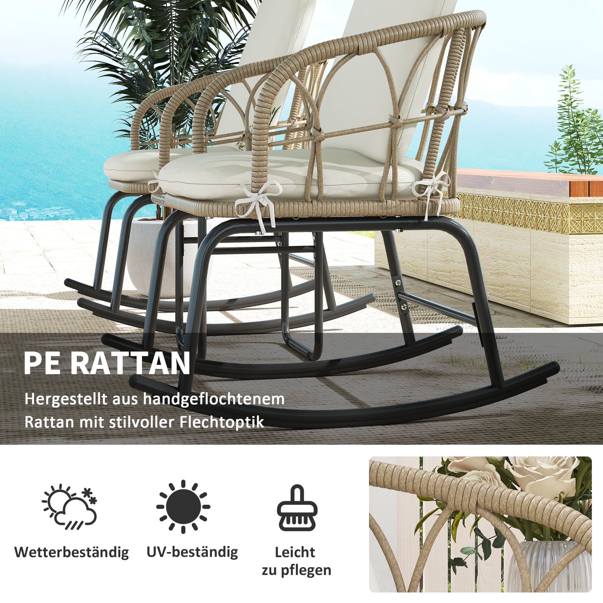 Rattan Rocking Chair Set, 3-Piece with Coffee Table & Cushions for Patio/Balcony