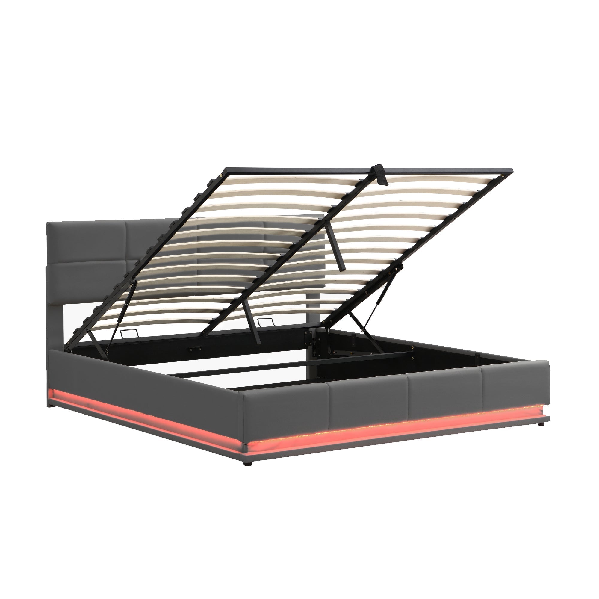 Faux Leather Bed with LED Lighting, Hydraulic Storage & Adjustable Headboard, Grey