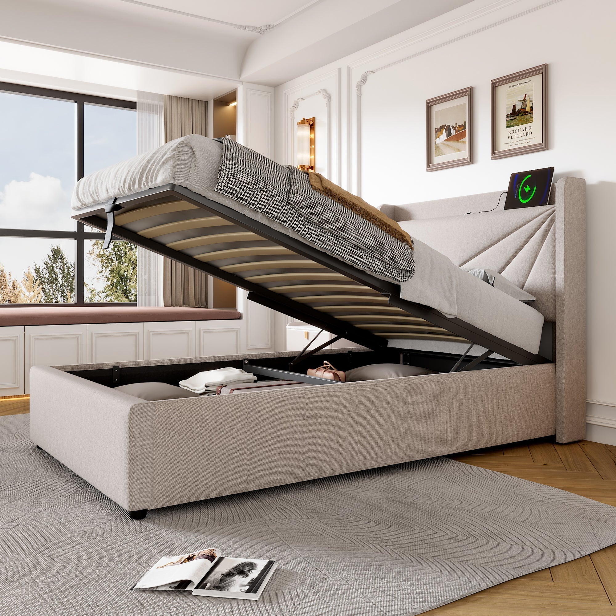 Upholstered Bed, Single with Storage & USB Type-C Headboard, Linen