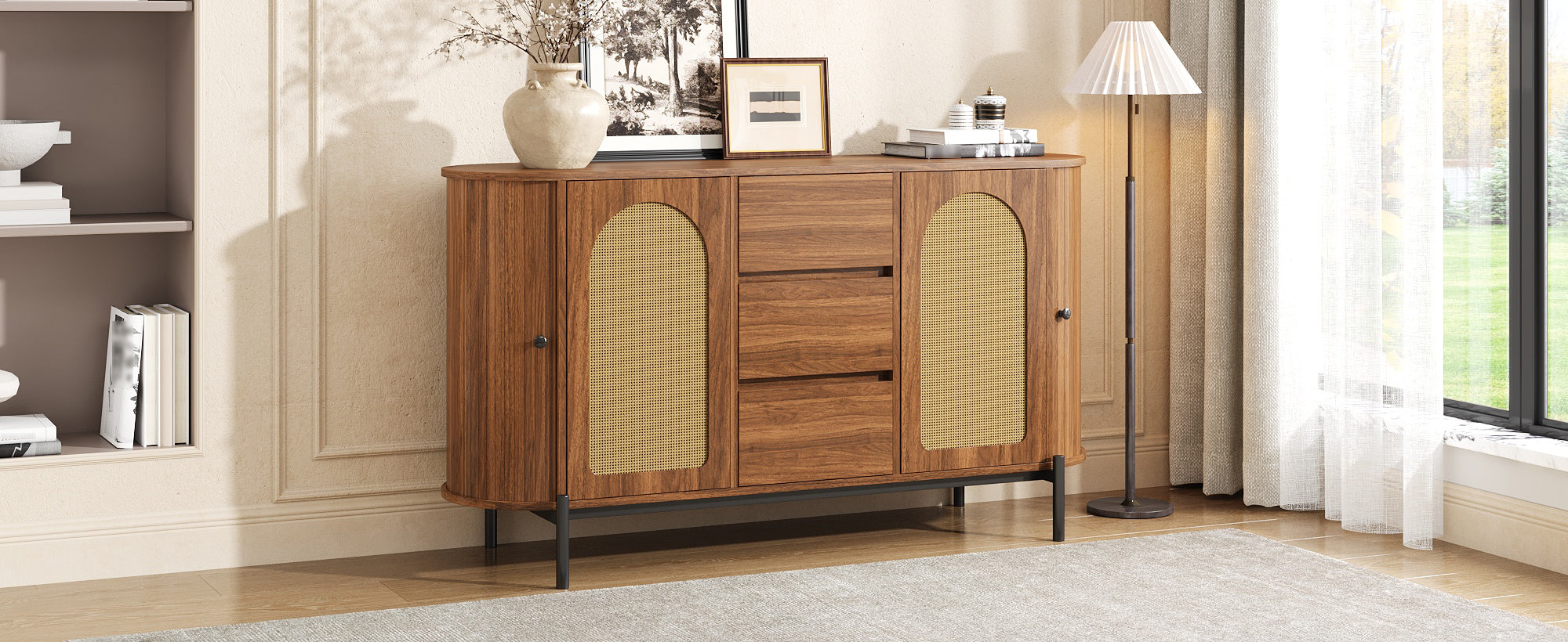 Oval Sideboard with Rattan Sliding Doors and Drawers, Wood Look and Metal