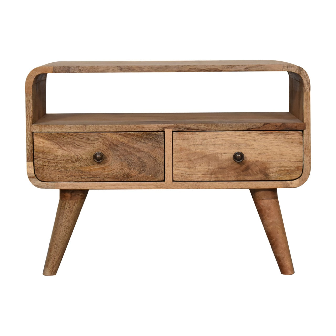Solid Wood Media Unit, Mini Curved with 2 Drawers and Open Slot, Brown Oak-ish