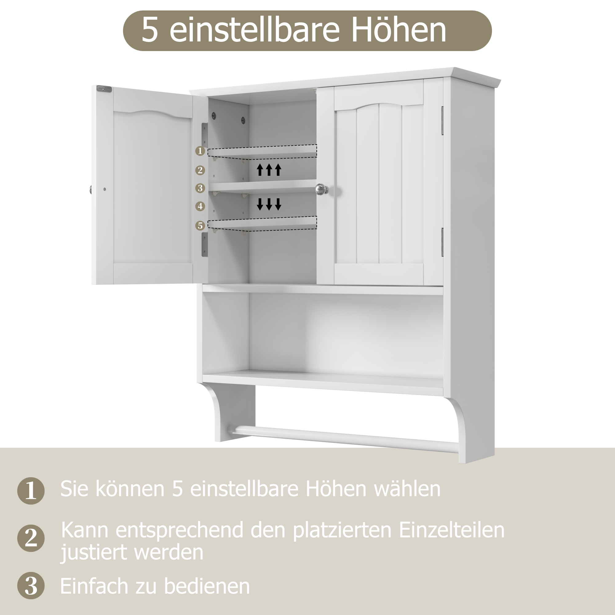 Bathroom Cabinet, Wall-Mounted Towel Rack & 2 Adjustable Shelves, White