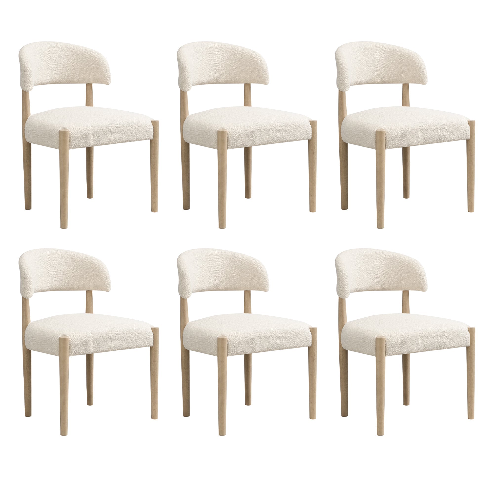 Solid Wood Dining Chairs Set of 6, Modern and Breathable, Natural Bouclé