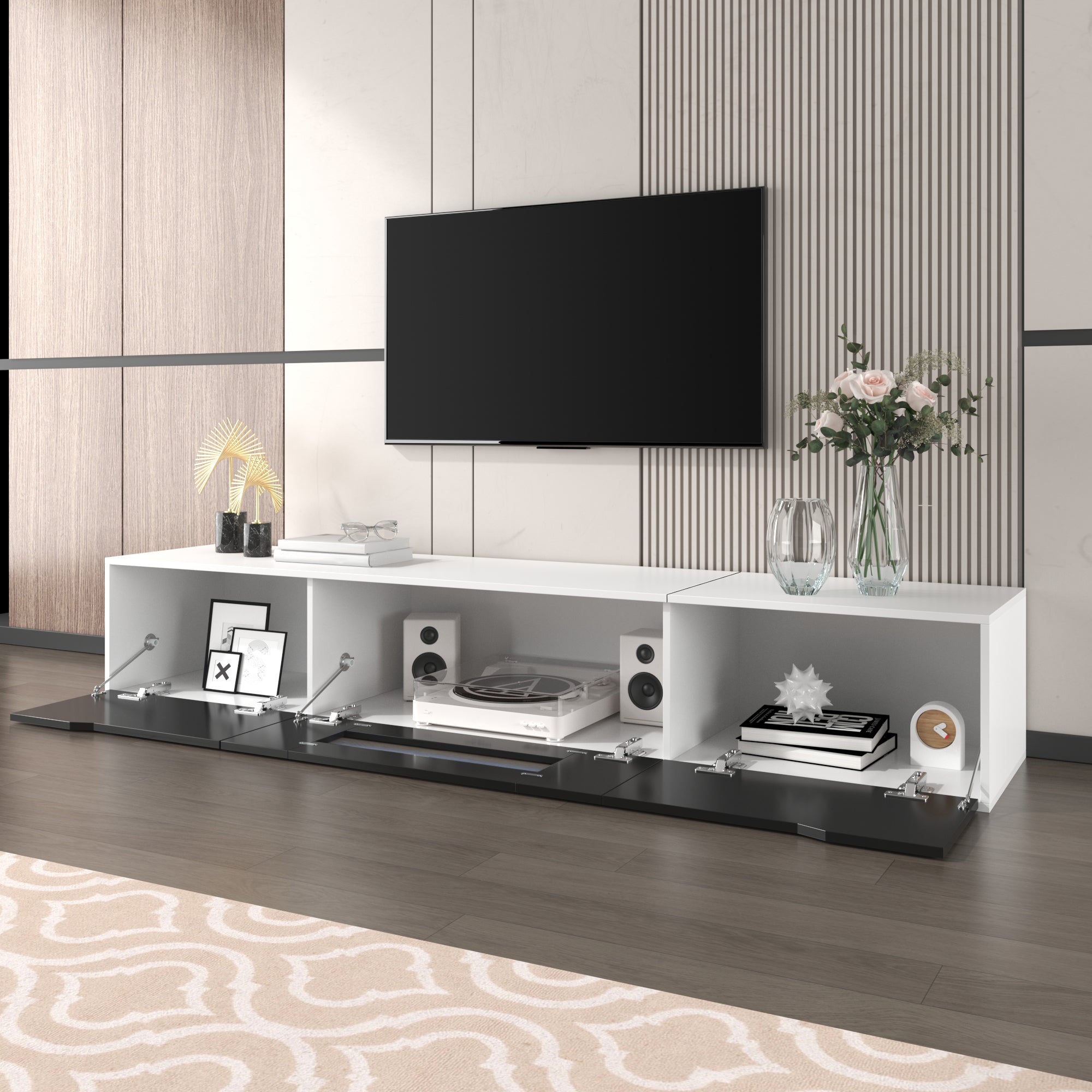 TV Cabinet, high-gloss with LED lighting, black and white