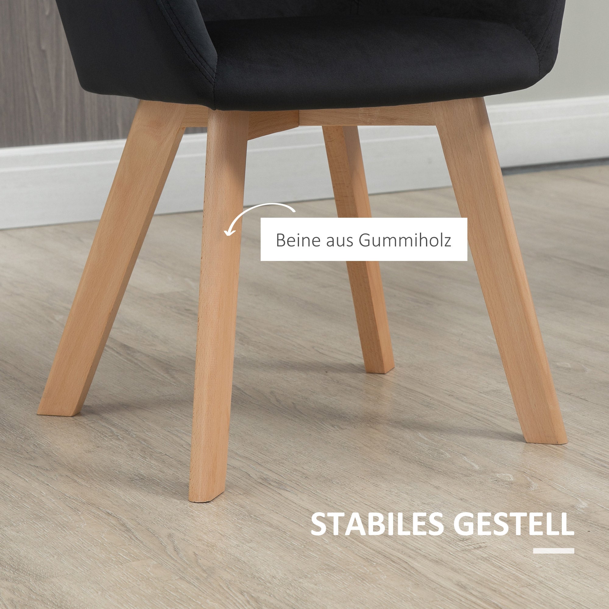 Küchenstühle, 2er-Set ergonomisch mit Armlehnen, Polyester Holz, Schwarz