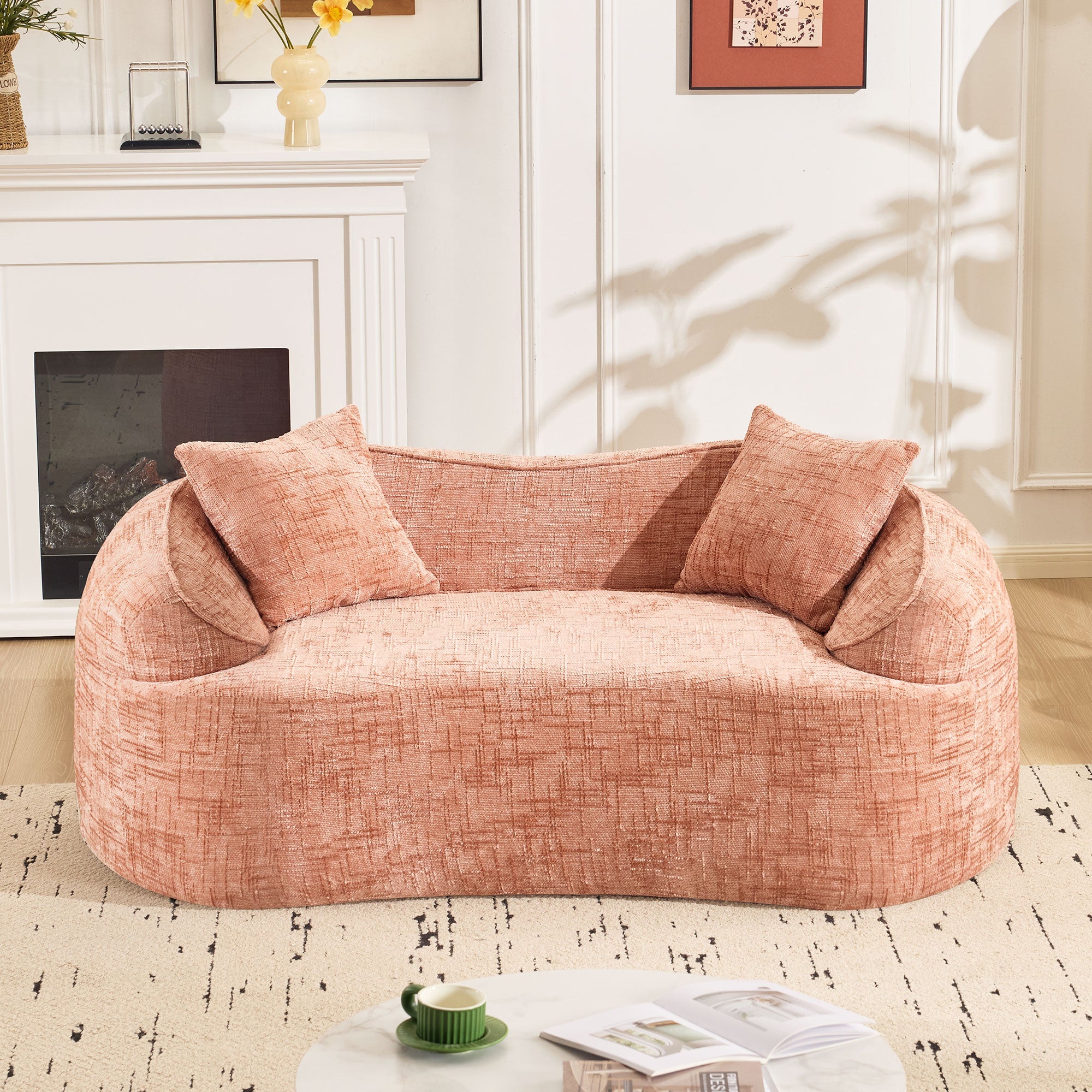 Sofa, curved two-seater with armrests and 2 cushions, cream linen