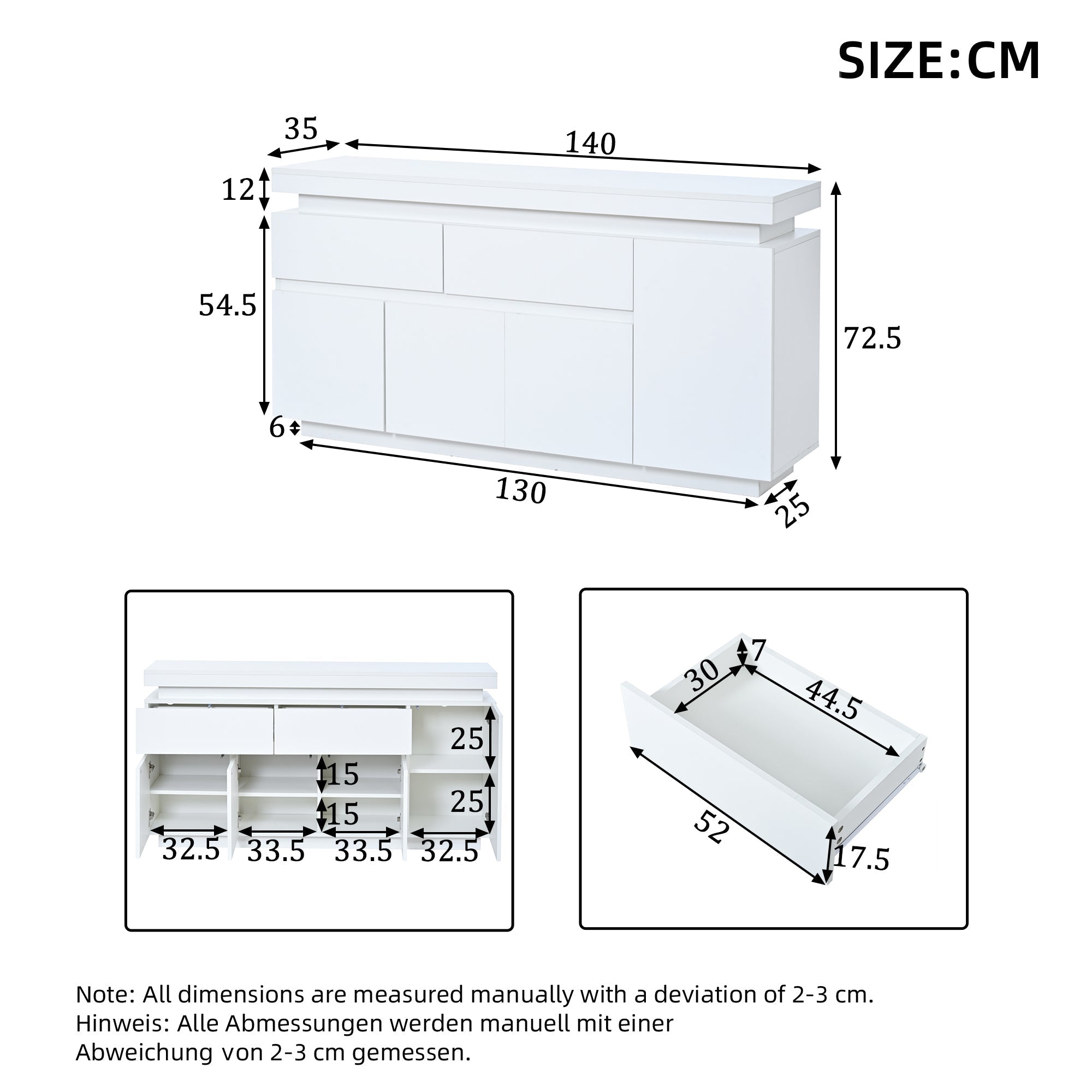 Sideboard 140x35x72.5cm High-Gloss LED 2 Drawers 4 Doors - White